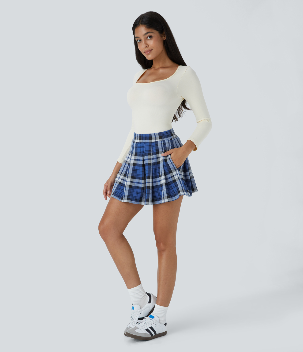 Halara High Waisted Side Pocket 2-in-1 Plaid Pleated Mini Casual Skirt  - Rock Blue Plaid - L(regular) 