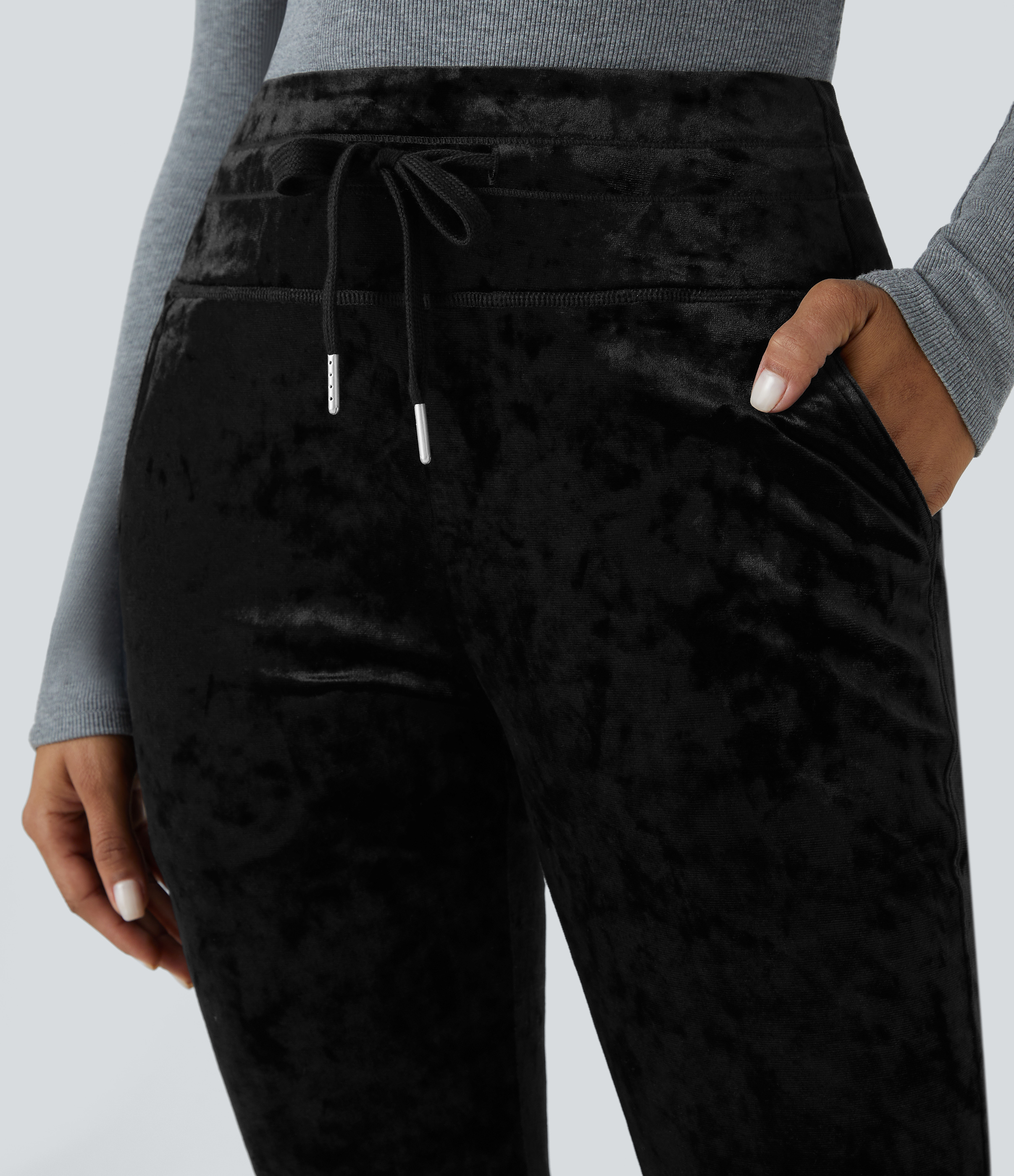 Halara High Waisted Drawstring Side Pocket Full Length Velvet Casual Joggers  - Black - XS(regular) 