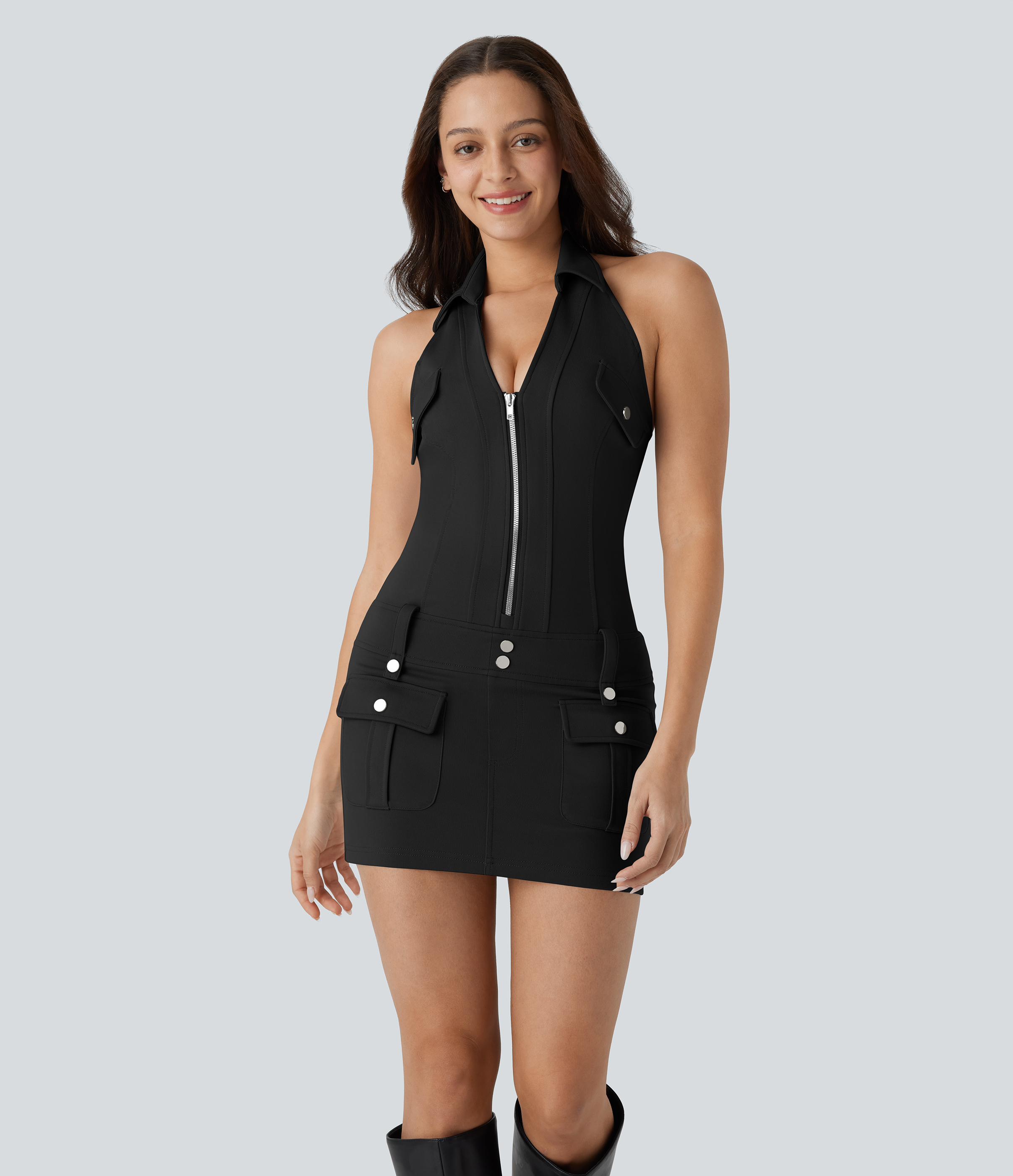 Halara Halter Collared V Neck Zipper Backless Multiple Pockets Bodycon Micro Mini Party Dress Casual Dress - Black - XS slip dress 