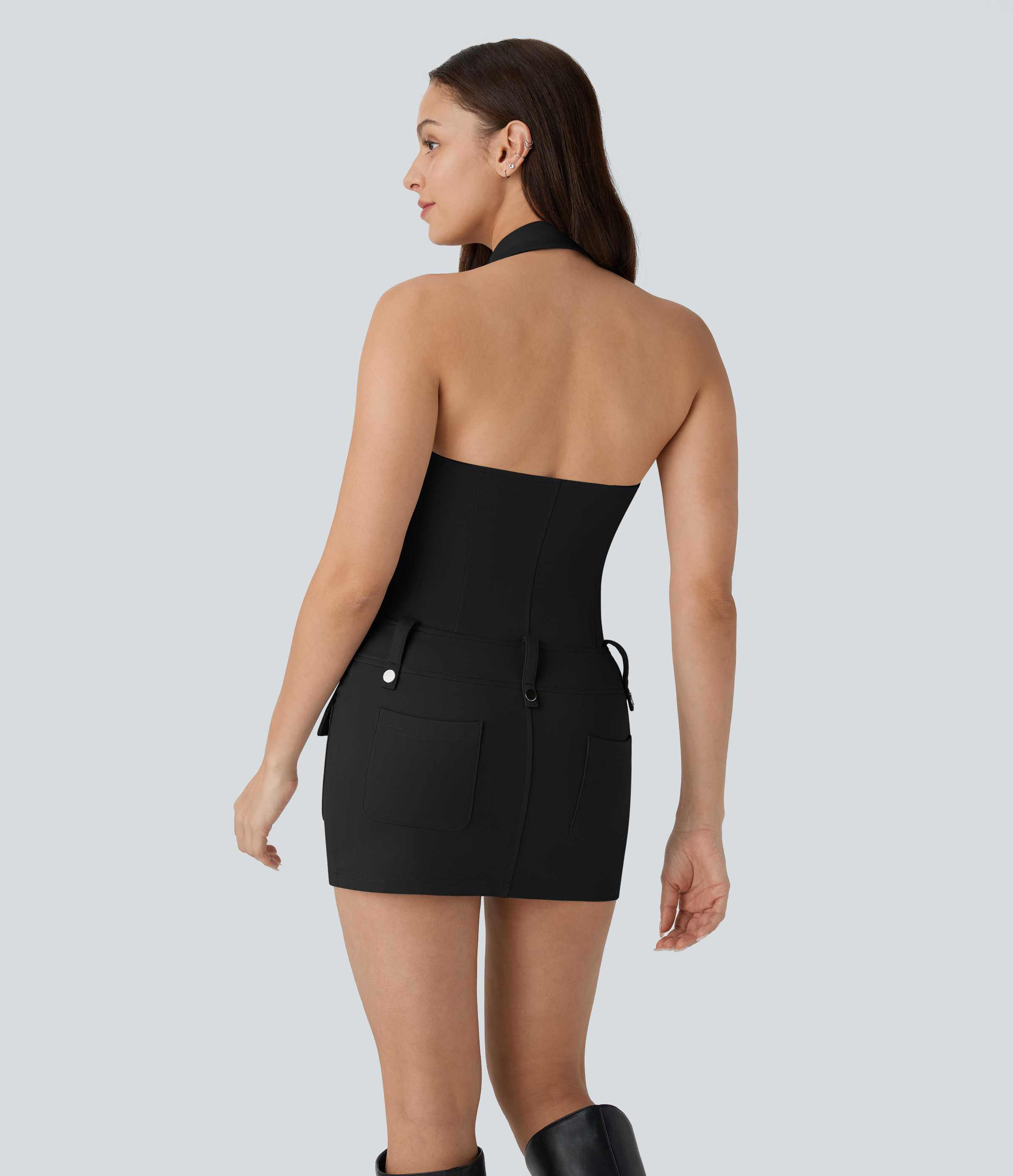 Halara Halter Collared V Neck Zipper Backless Multiple Pockets Bodycon Micro Mini Party Dress Casual Dress - Black - XS slip dress 
