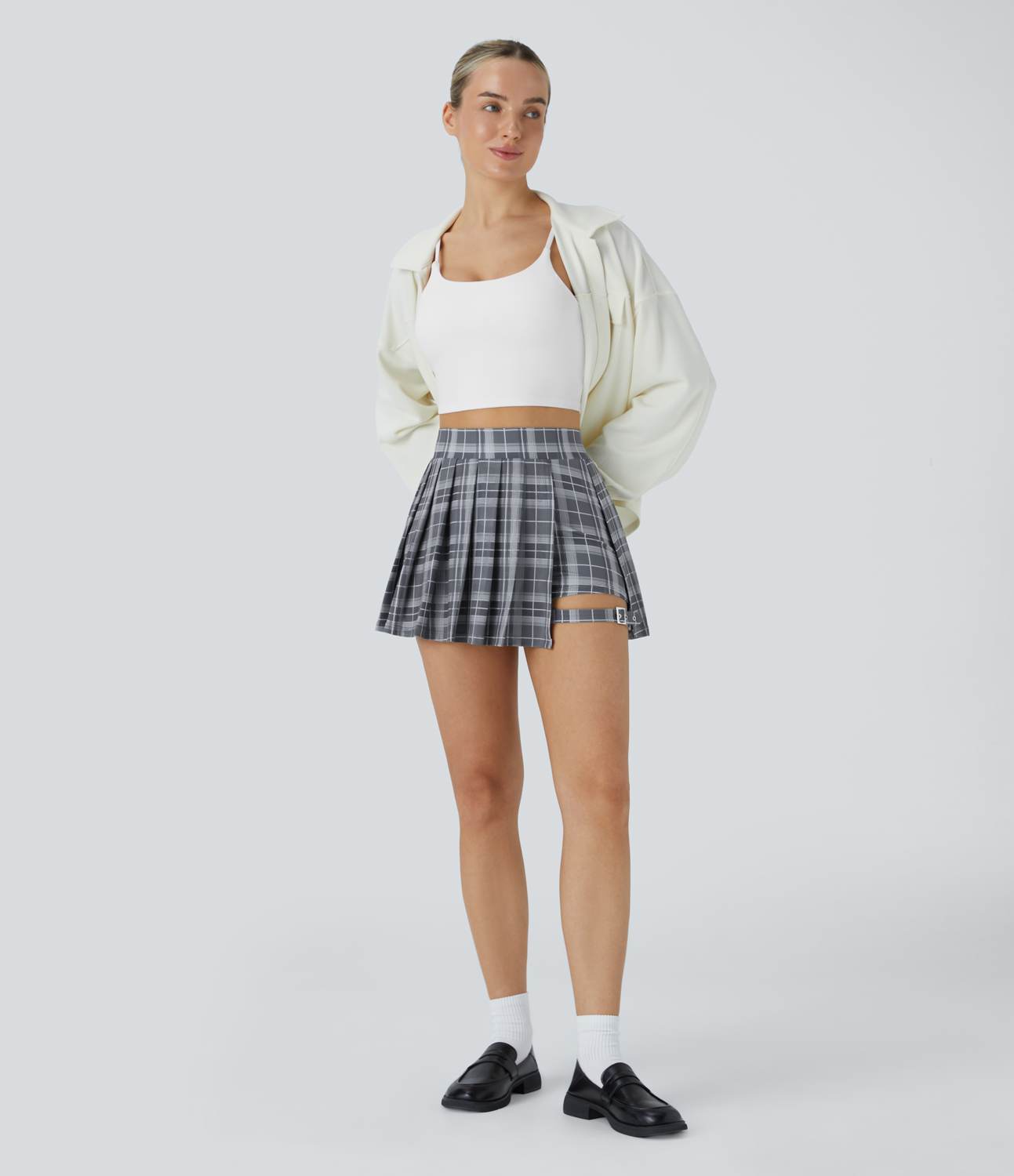 Halara High Waisted Pleated 2-in-1 Side Pocket Adjustable Buckle Plaid Micro Mini Casual Skirt  - Grey Blue Plaid - L(regular) 