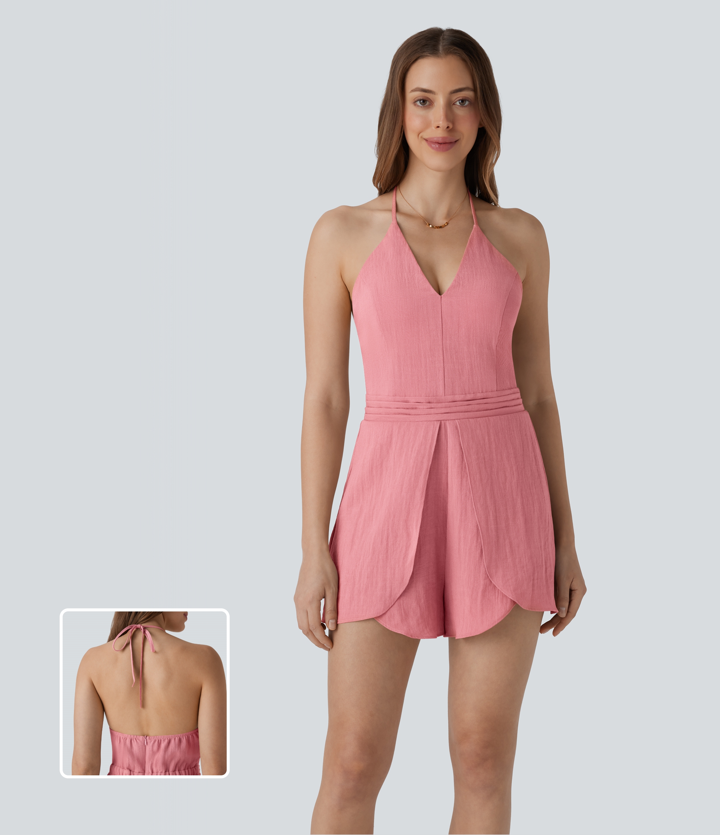 Halter Crossover Hem Casual Linen-Feel Playsuit