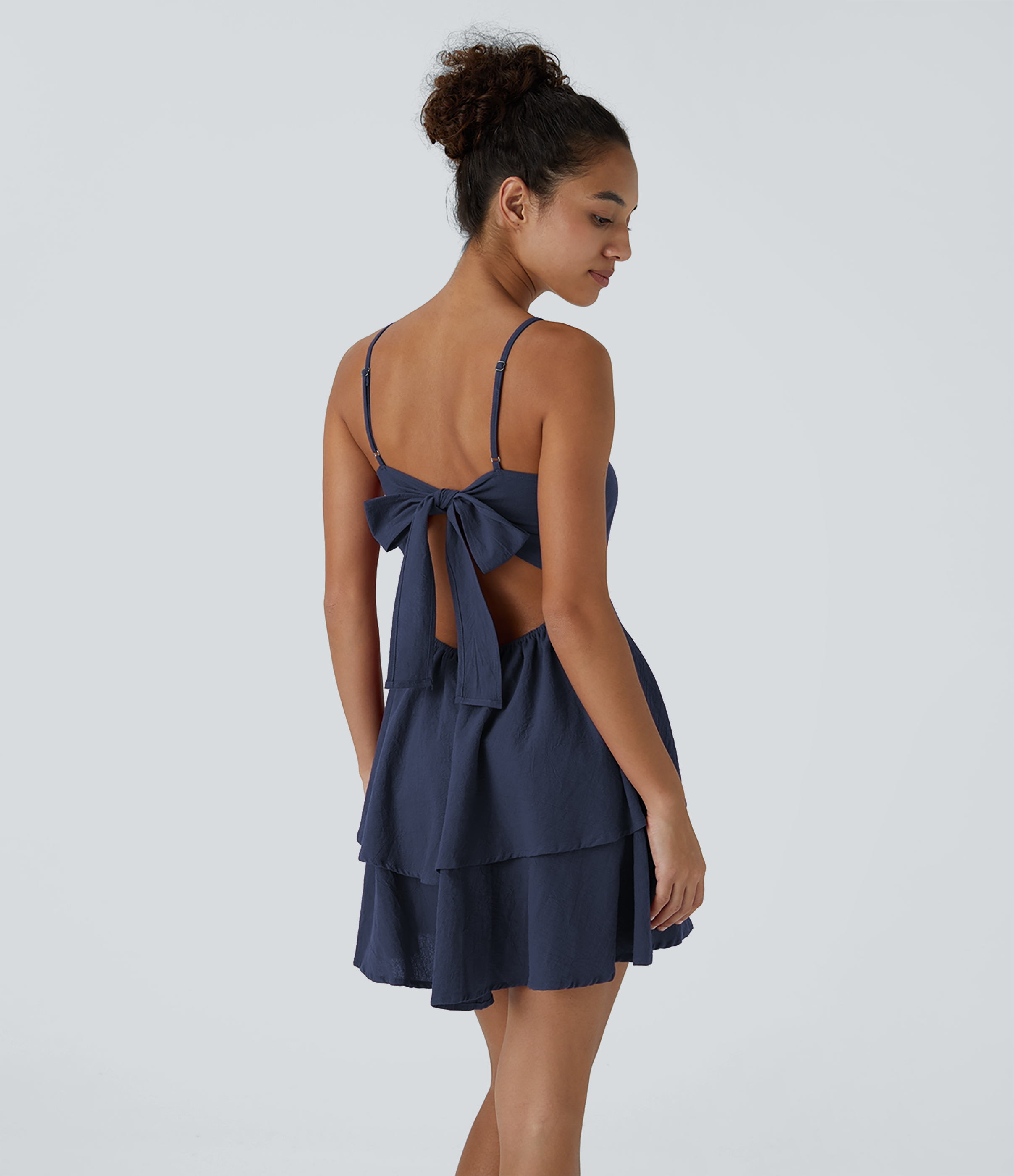 Halara Backless Adjustable Strap Tie Back Tiered Ruffle Flowy Slip Mini Casual Linen-Feel Dress Casual Dress - Black Diamond Blue - S 