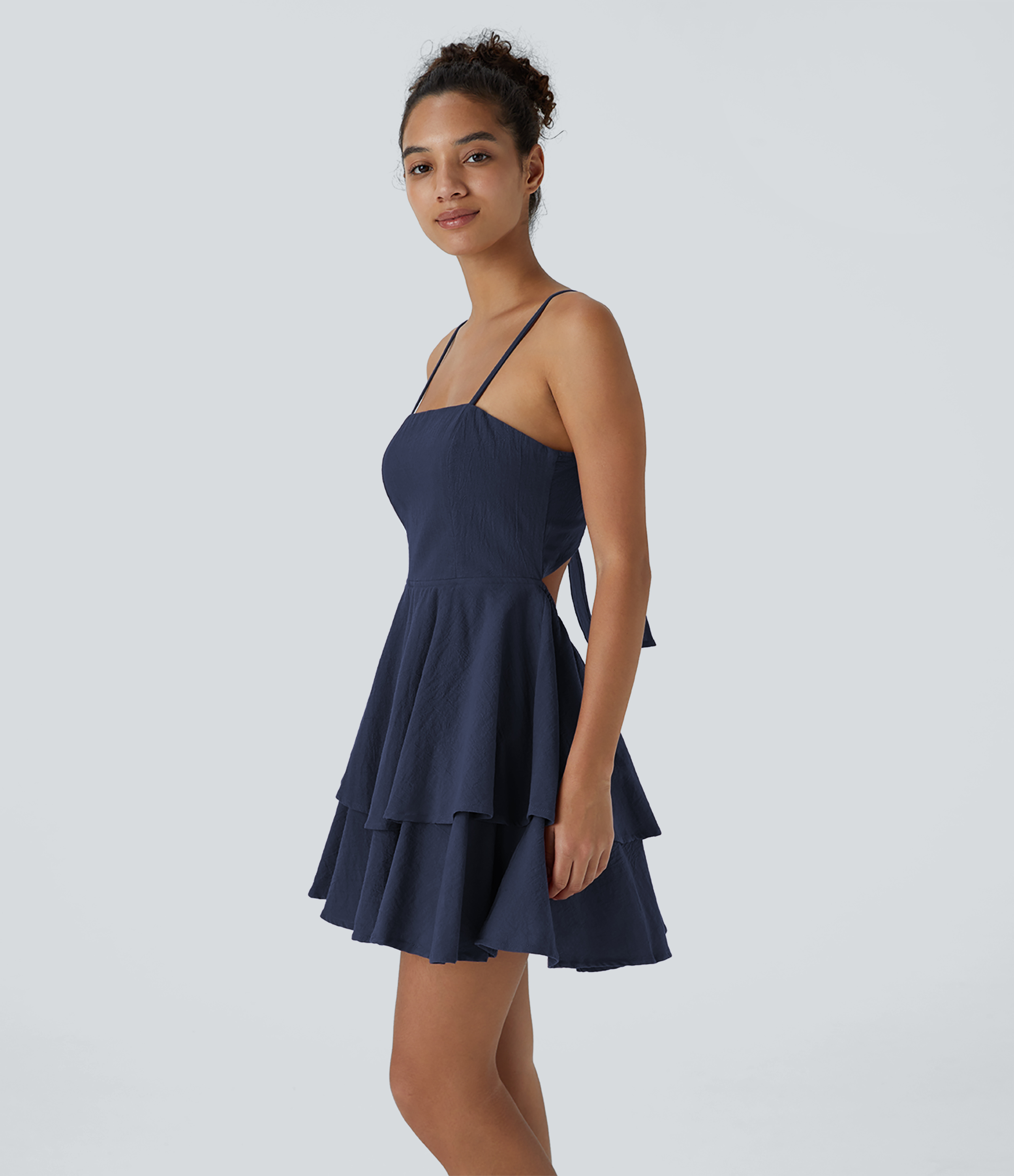 Halara Backless Adjustable Strap Tie Back Tiered Ruffle Flowy Slip Mini Casual Linen-Feel Dress Casual Dress - Black Diamond Blue - S 