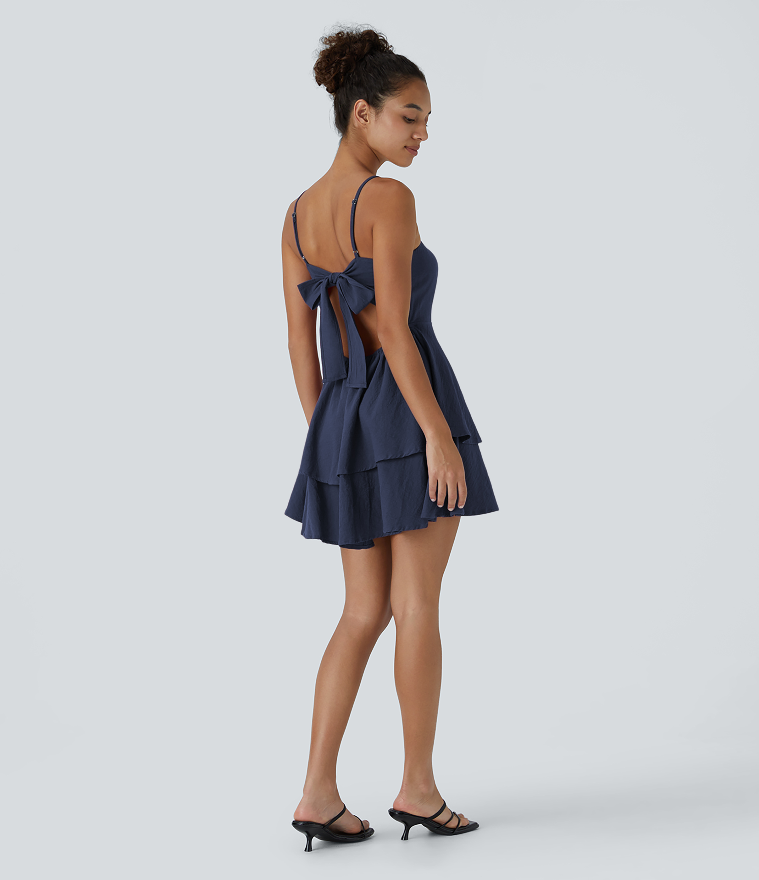 Halara Backless Adjustable Strap Tie Back Tiered Ruffle Flowy Slip Mini Casual Linen-Feel Dress Casual Dress - Black Diamond Blue - S 