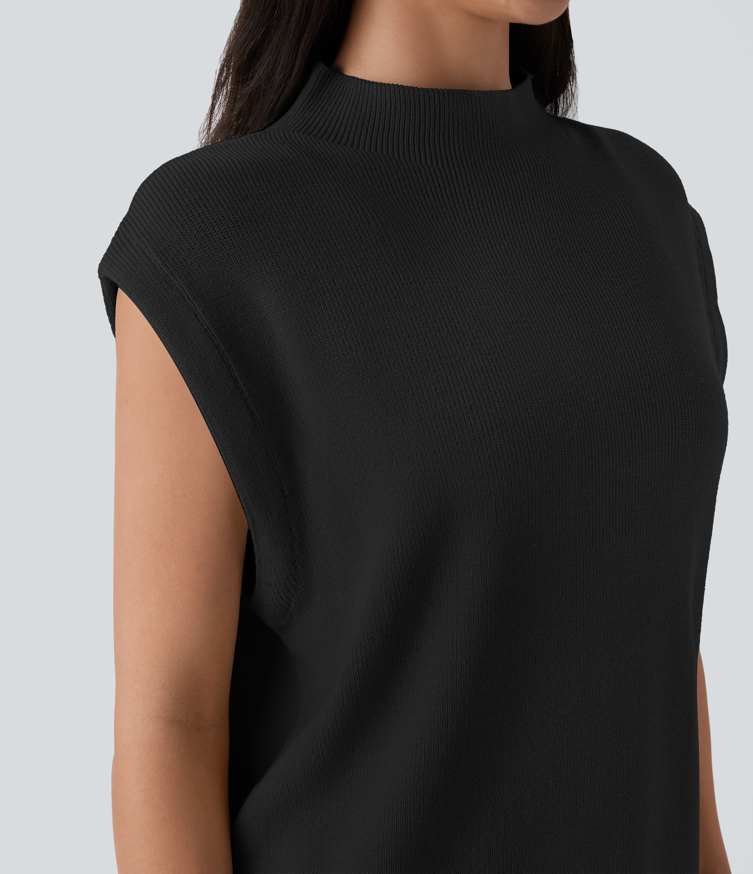 Halara Mock Neck Cap Sleeve Casual Sweater  - Black - XL 