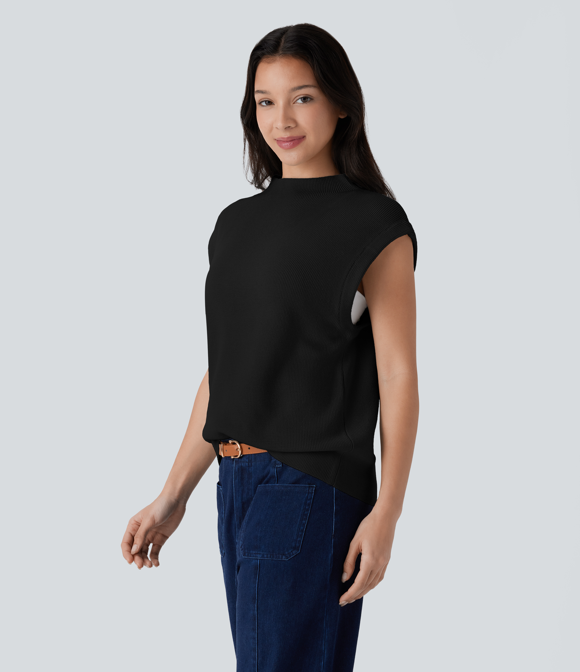 Halara Mock Neck Cap Sleeve Casual Sweater  - Black - XL 