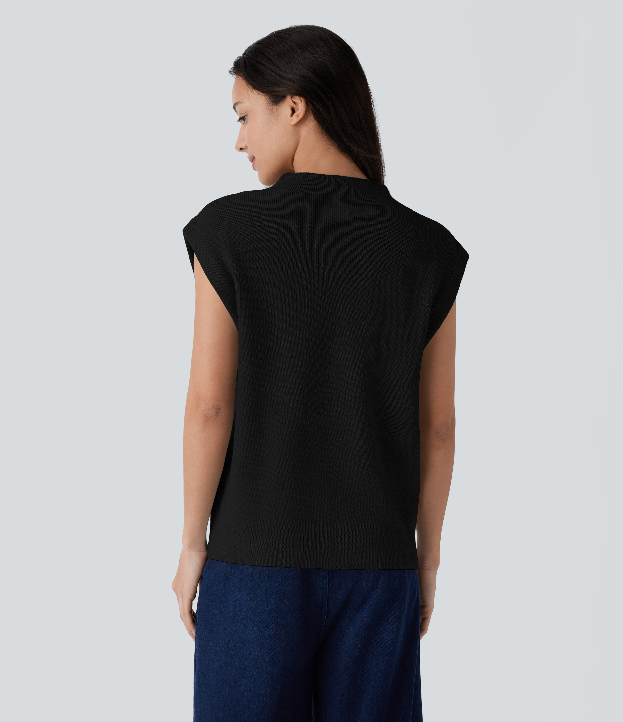 Halara Mock Neck Cap Sleeve Casual Sweater  - Black - XL 