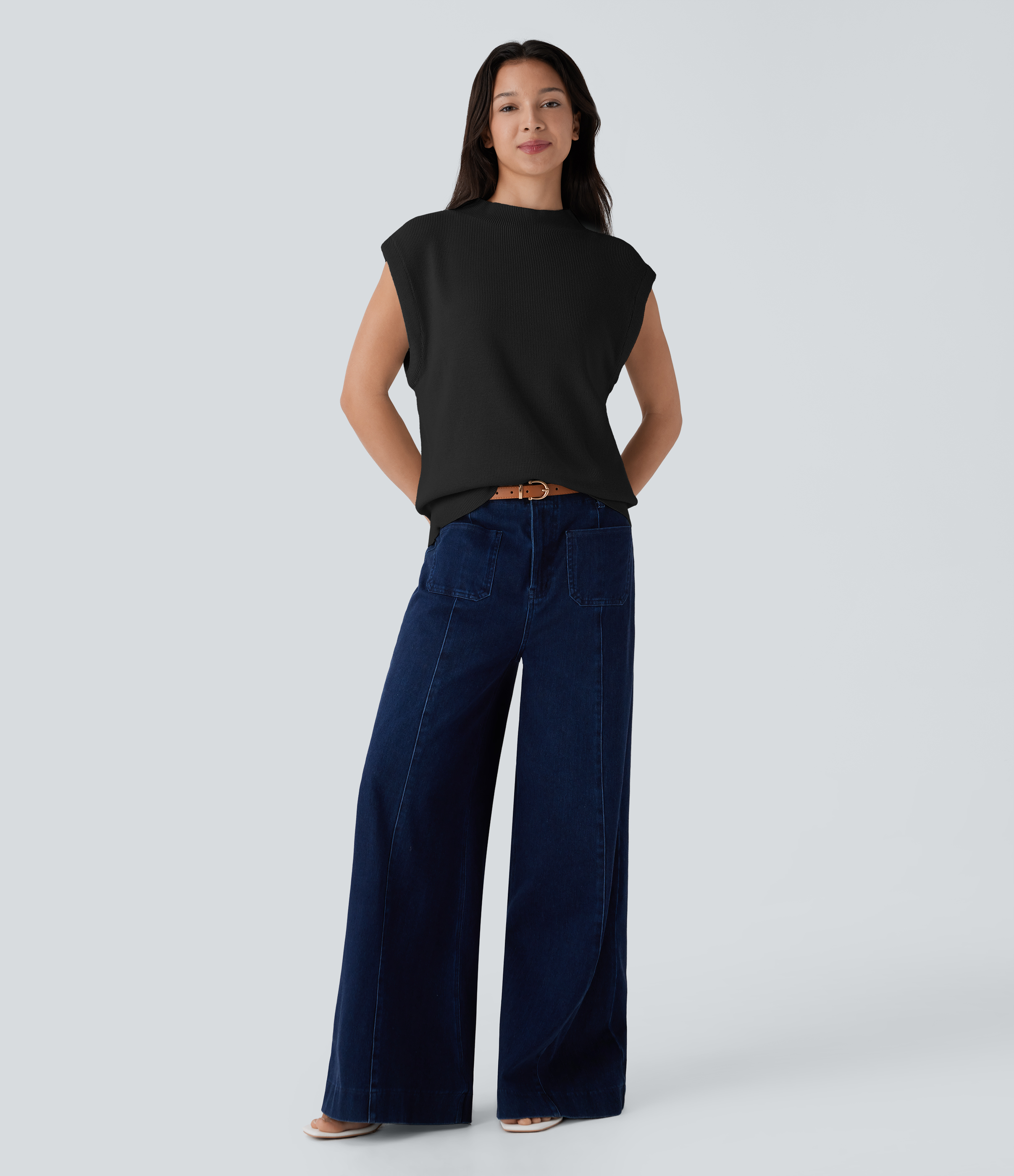 Halara Mock Neck Cap Sleeve Casual Sweater  - Black - XL 
