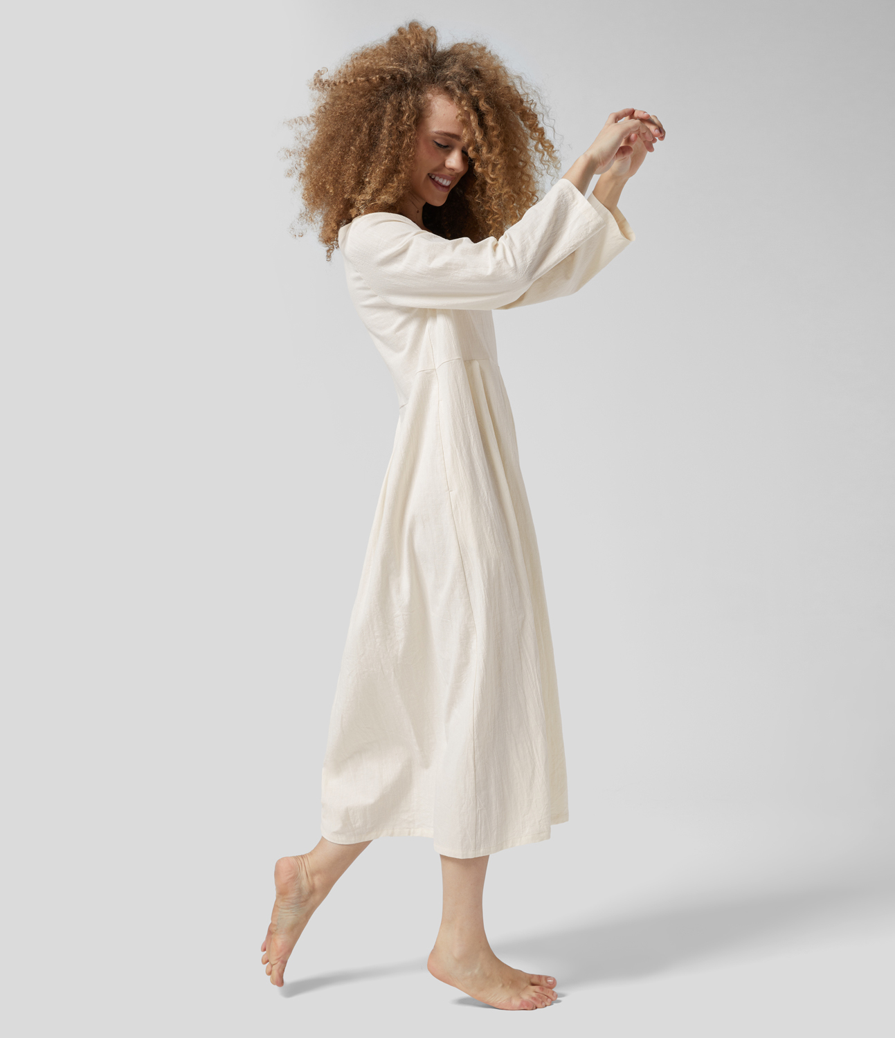 Vanilla Ice Round Neck Long Sleeve Pocket Solid Relaxed Midi Casual Linen-Feel Dress / 1