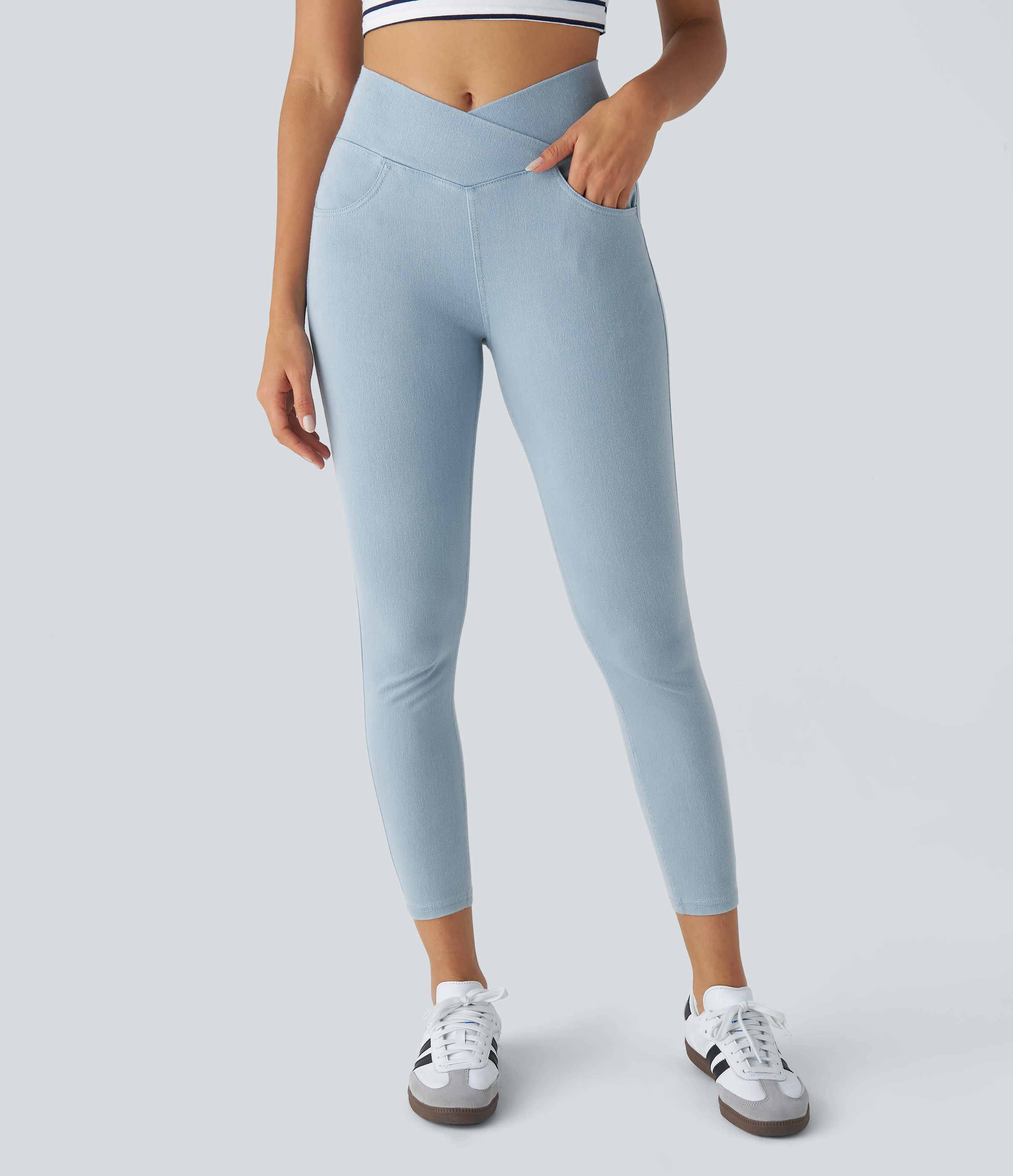 Halara HalaraMagicв„ў High Waisted Crossover Multiple Pockets Stretchy Knit Denim Work Leggings  - Faded Denim - S 