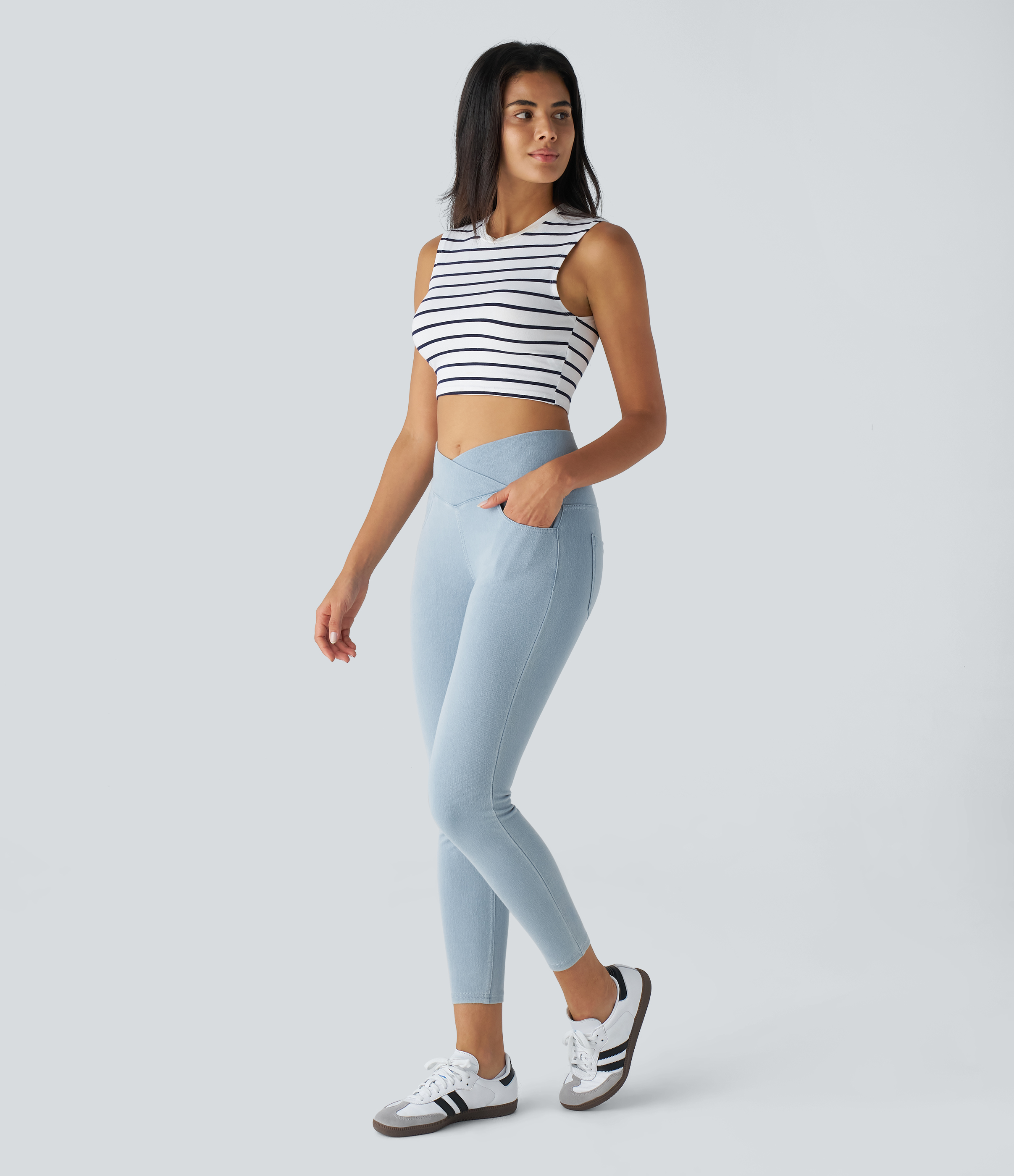 Halara HalaraMagicв„ў High Waisted Crossover Multiple Pockets Stretchy Knit Denim Work Leggings  - Faded Denim - S 