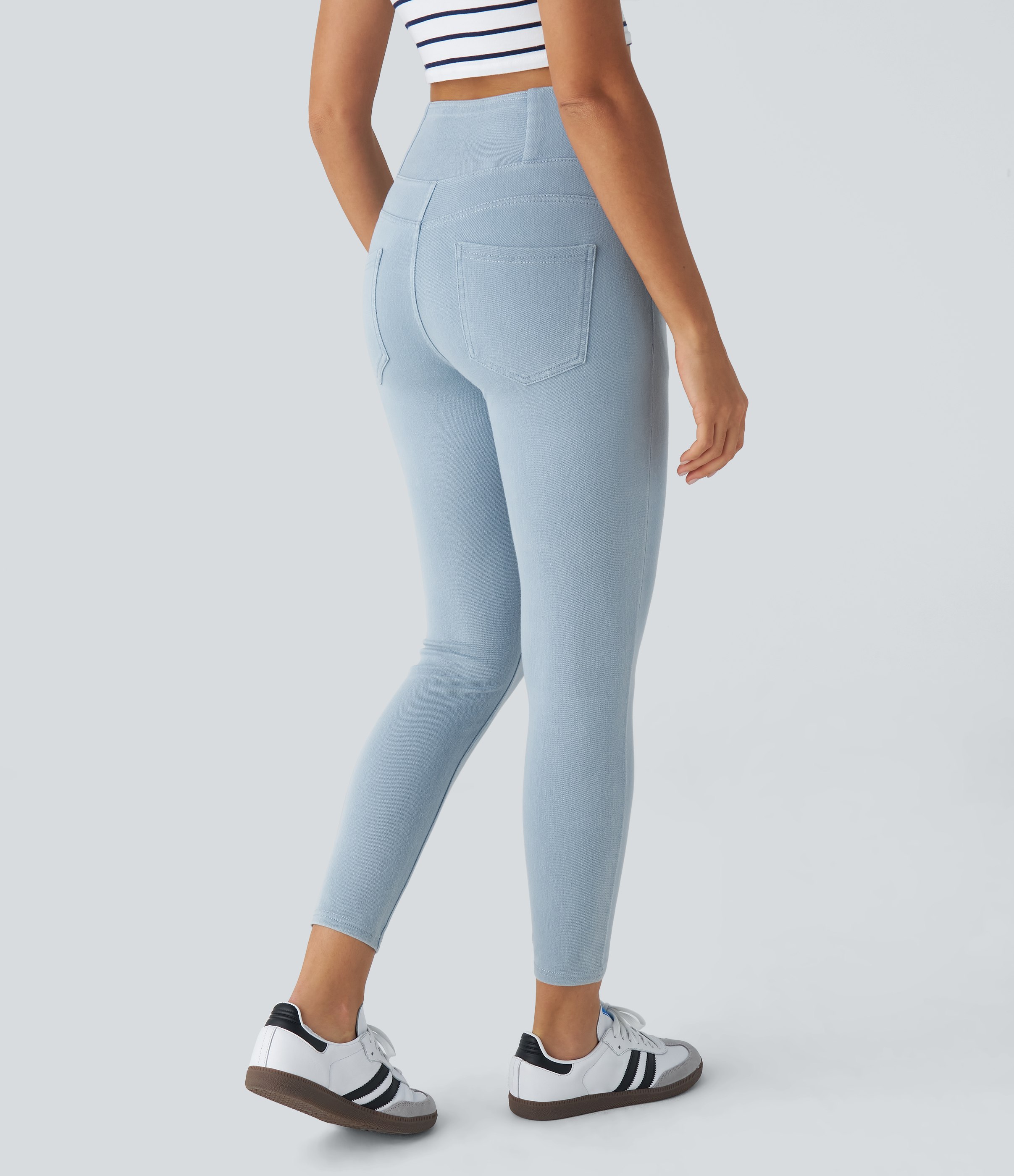 Halara HalaraMagicв„ў High Waisted Crossover Multiple Pockets Stretchy Knit Denim Work Leggings  - Faded Denim - S 