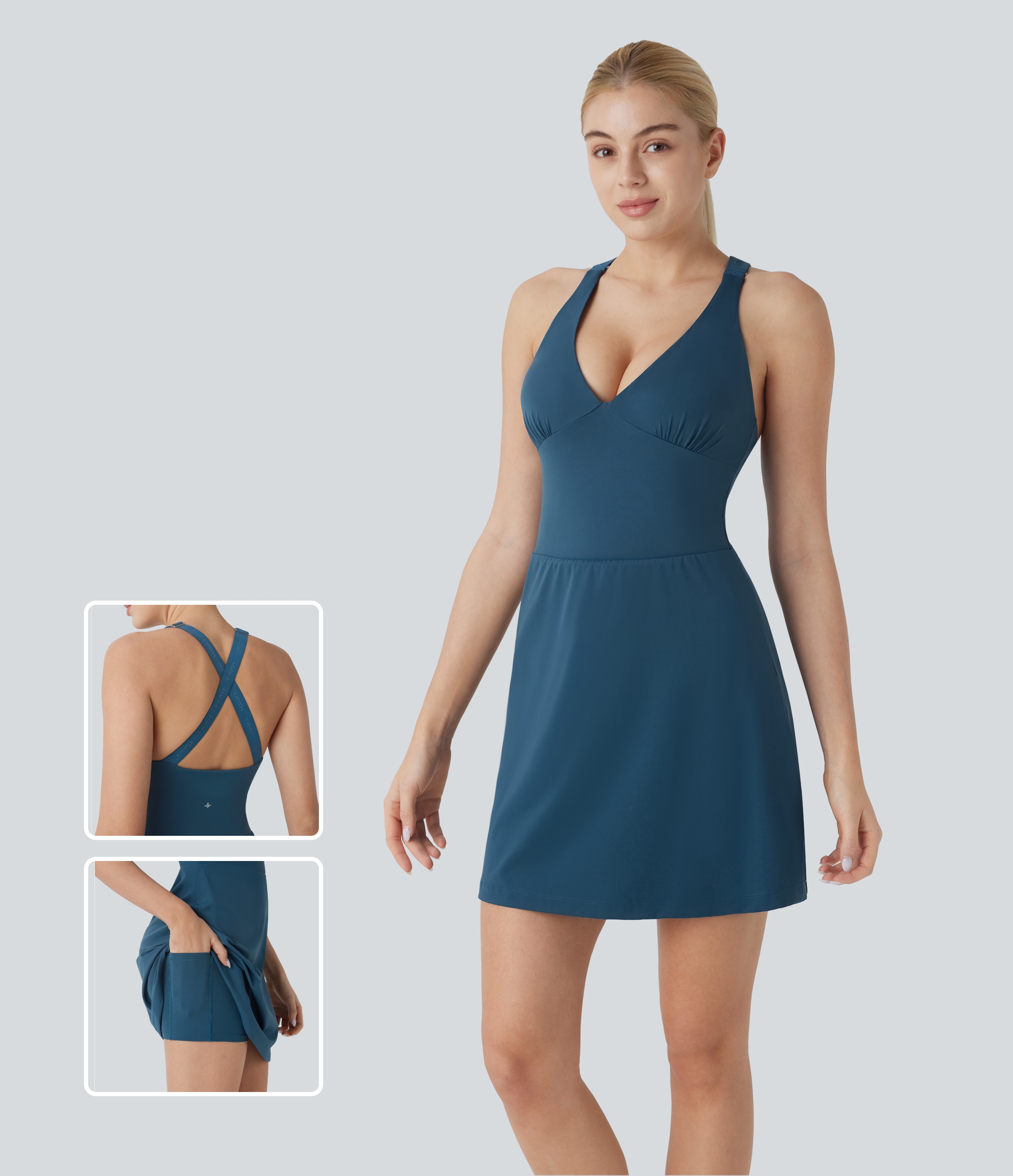 Mini Vestido Softlyzero™ Airy activo yoga sin espalda cruzado cuello V profundo 2 en 1 bolsillo lateral tacto fresco