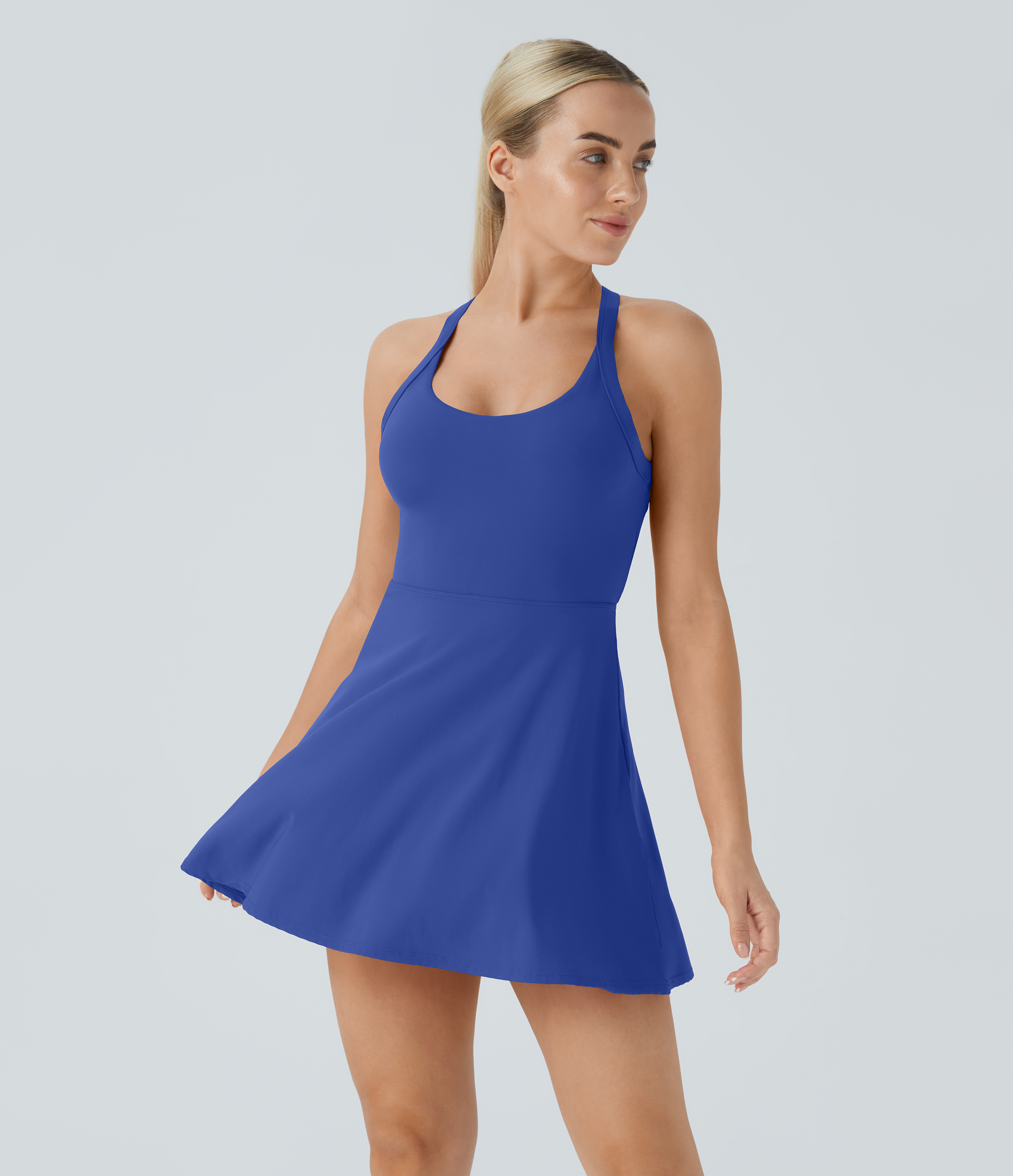 Halara Backless Cut Out Twisted Side Pocket 2-in-1 Barre Ballet Dance Dress Workout Dress - Surf the Web - M 
