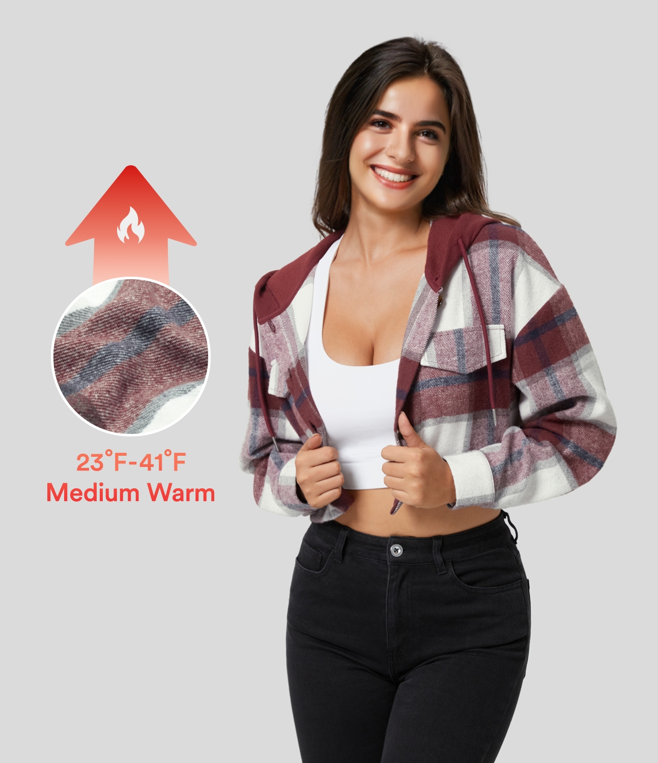 

Halara Hooded Drawstring Button Front Cropped Plaid Fleece Casual Jacket - Wine Red Square