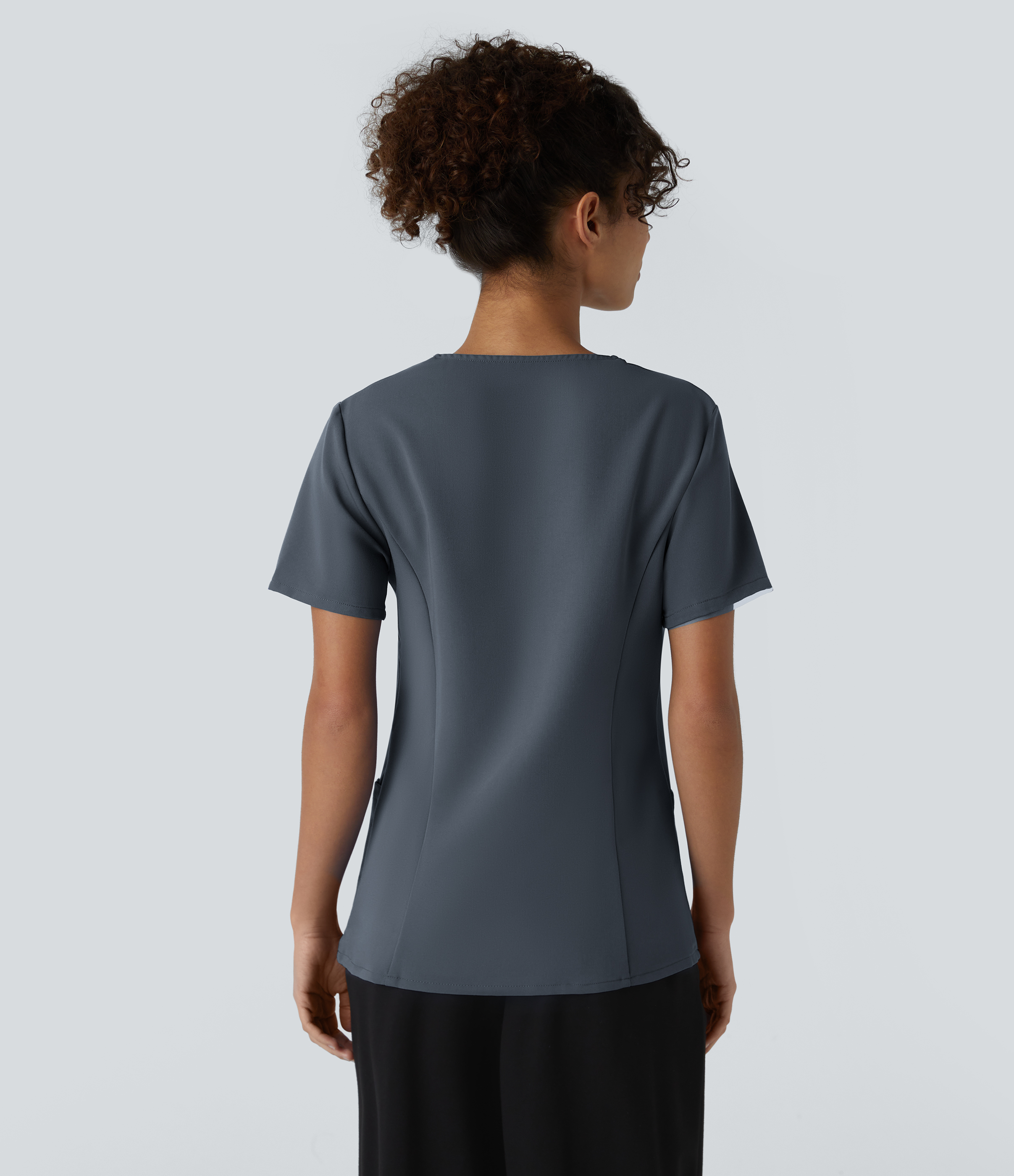 Halara V Neck Front Multifunctional Pocket Pen Slot Work Blouse  - Fog Grey Blue - S 