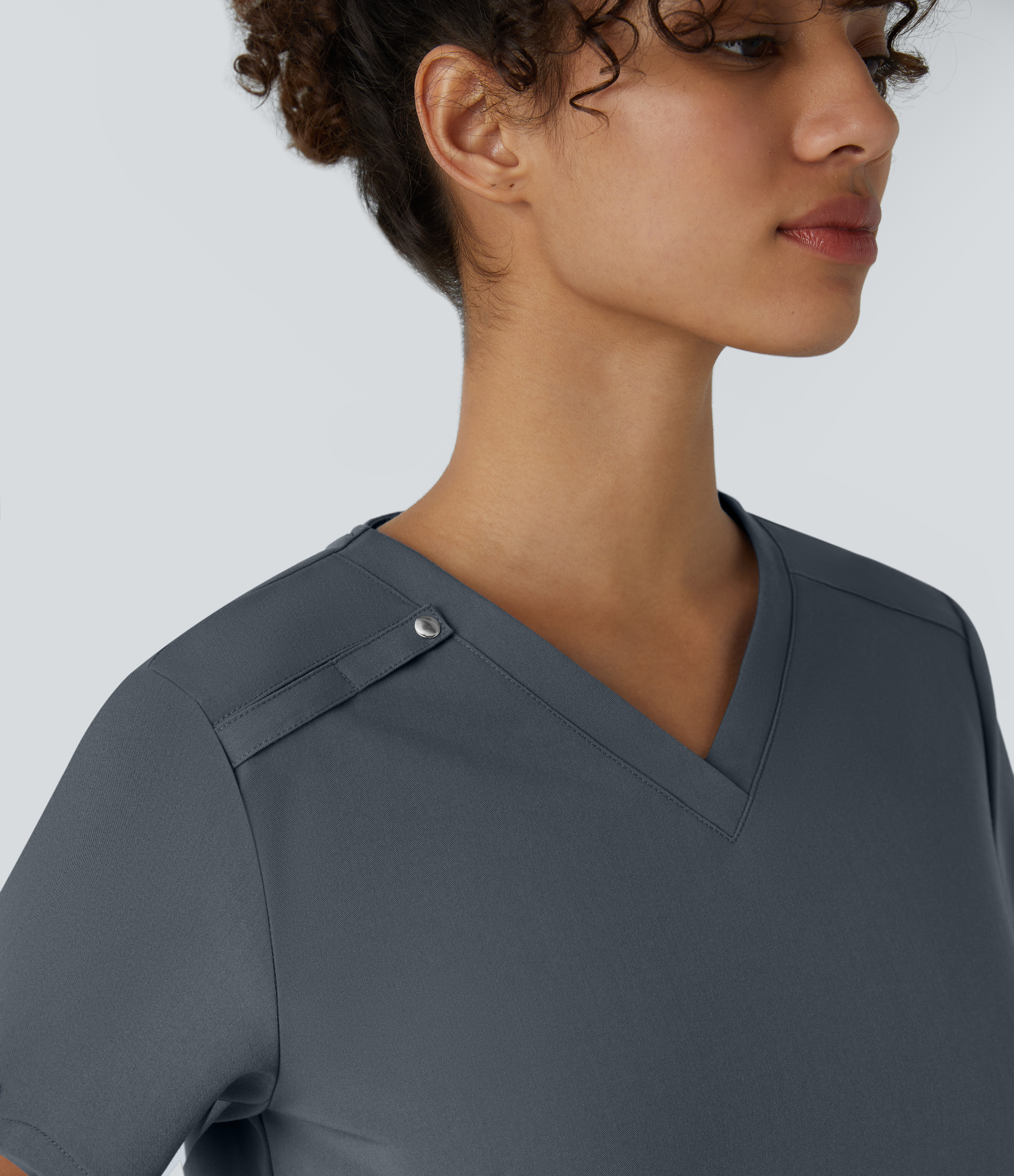 Halara V Neck Front Multifunctional Pocket Pen Slot Work Blouse  - Fog Grey Blue - S 