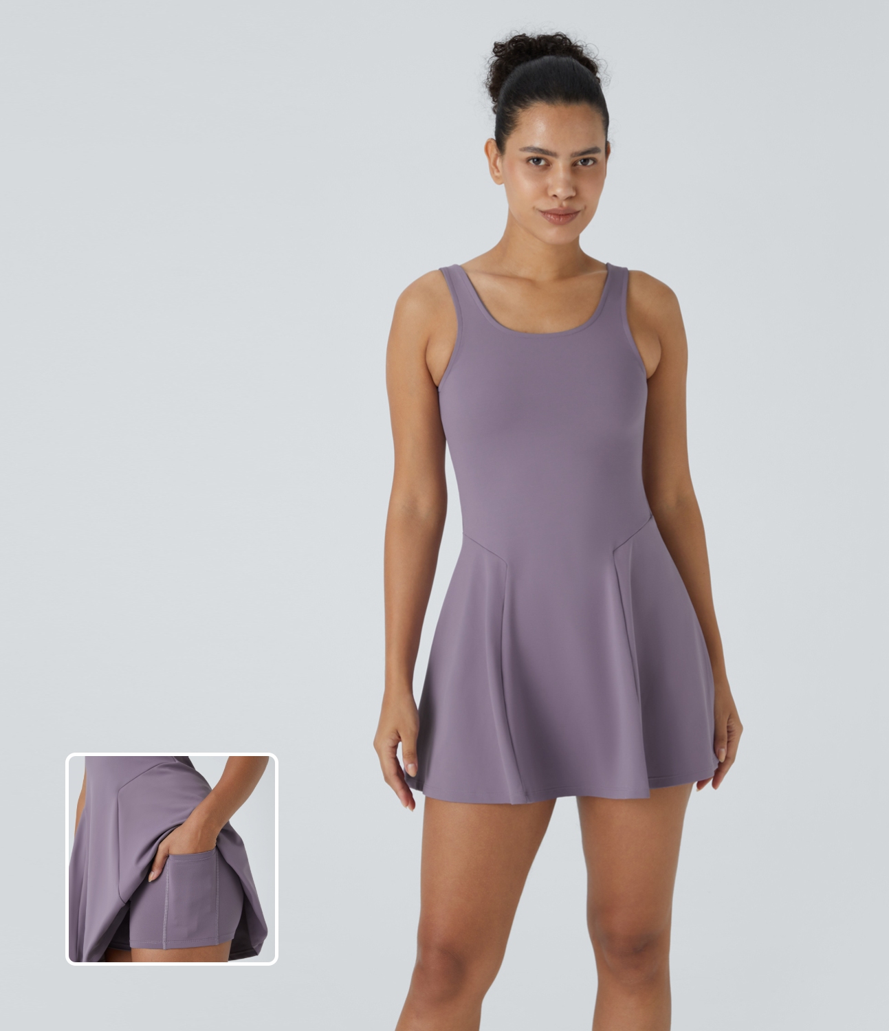Halara Square Neck Side Pocket 2-Piece Mini Flare Dress Set Casual Dress - Smoke Purple - XL slip dress beach dress ruched dress halter dress 