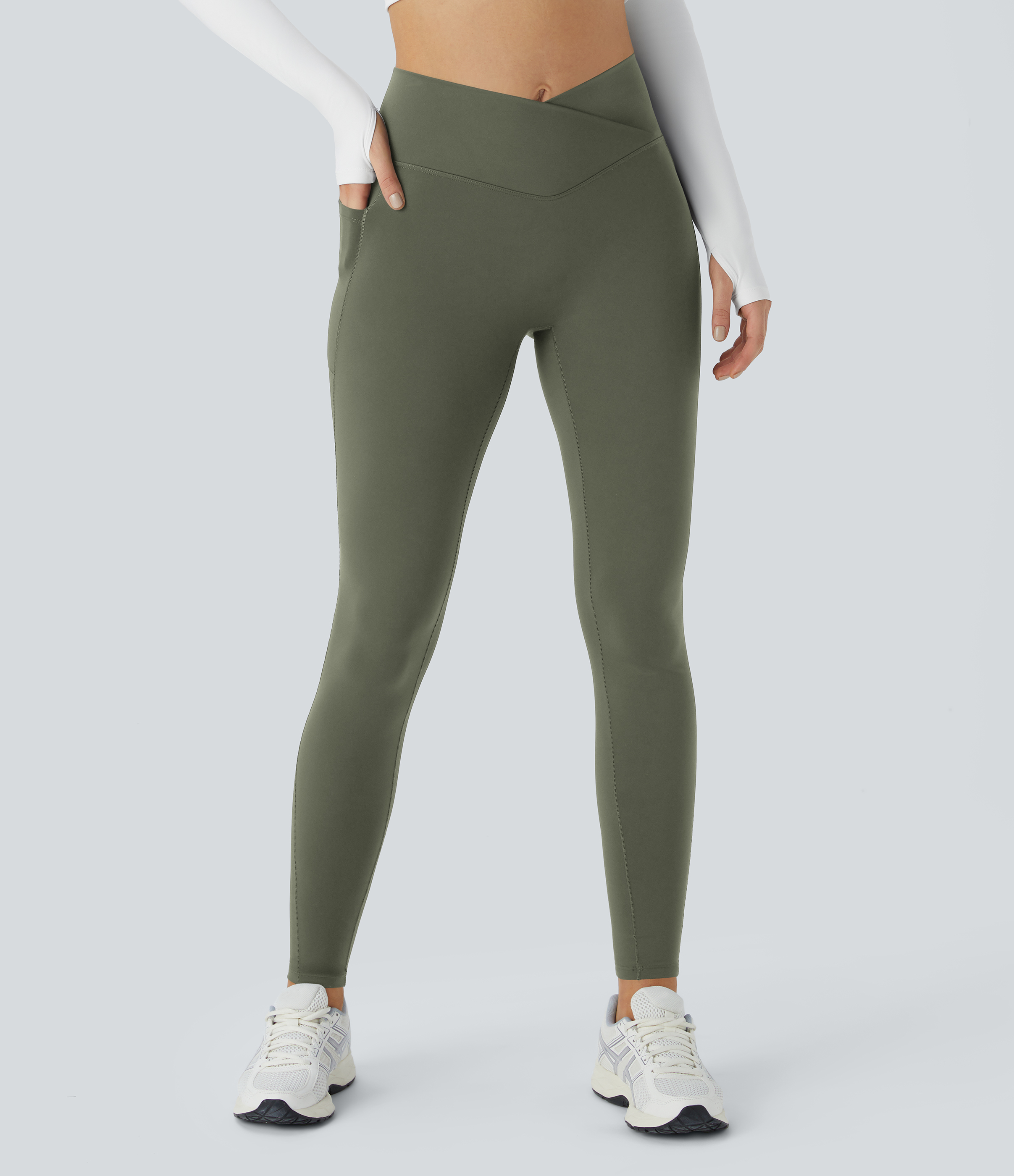 Halara PatitoffВ® Pet Hair Resistant Thermal Crossover Side Pocket Casual Leggings  - Grass Grey Green - L(7/8) gym leggings 