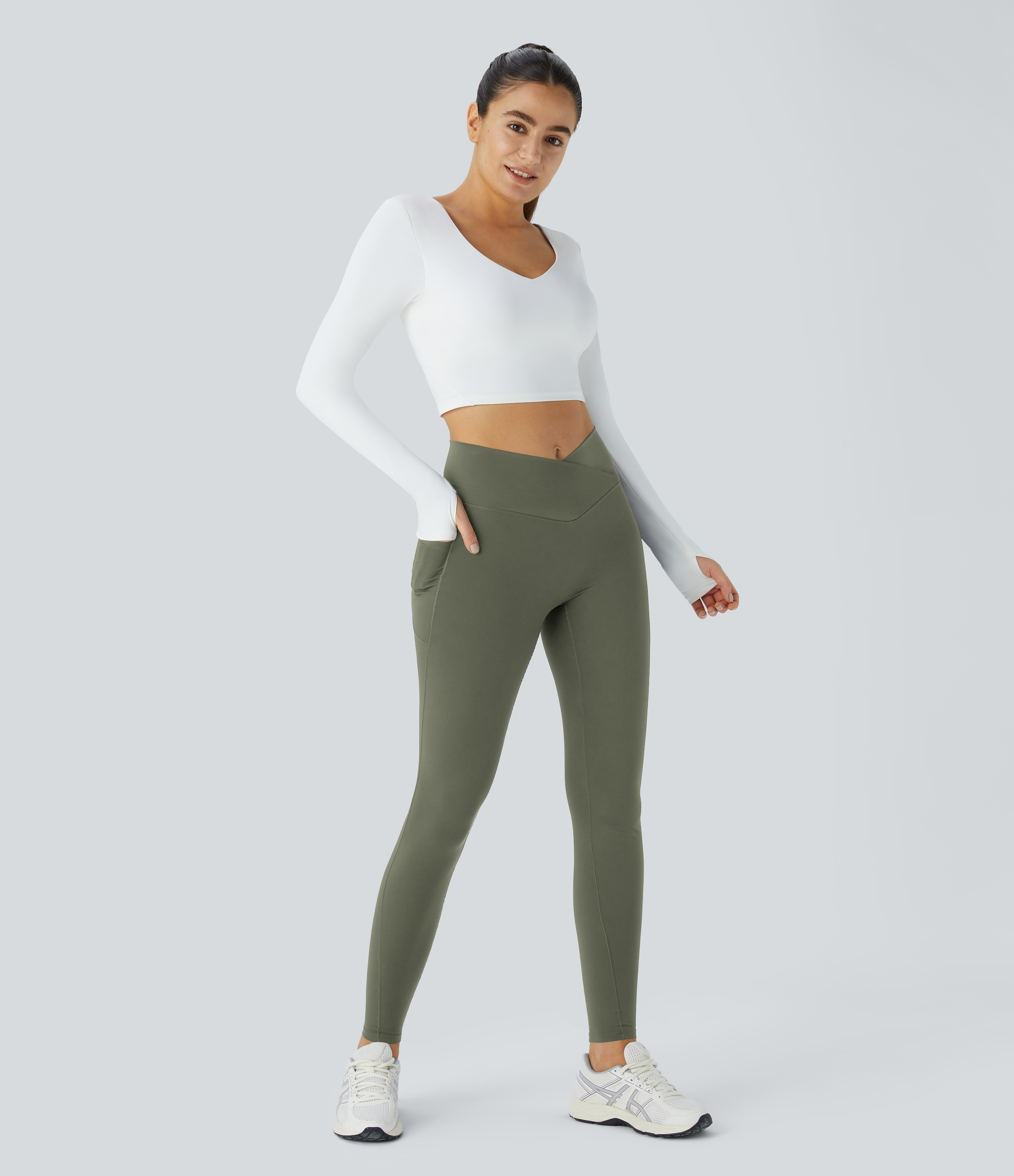 Halara PatitoffВ® Pet Hair Resistant Thermal Crossover Side Pocket Casual Leggings  - Grass Grey Green - L(7/8) gym leggings 