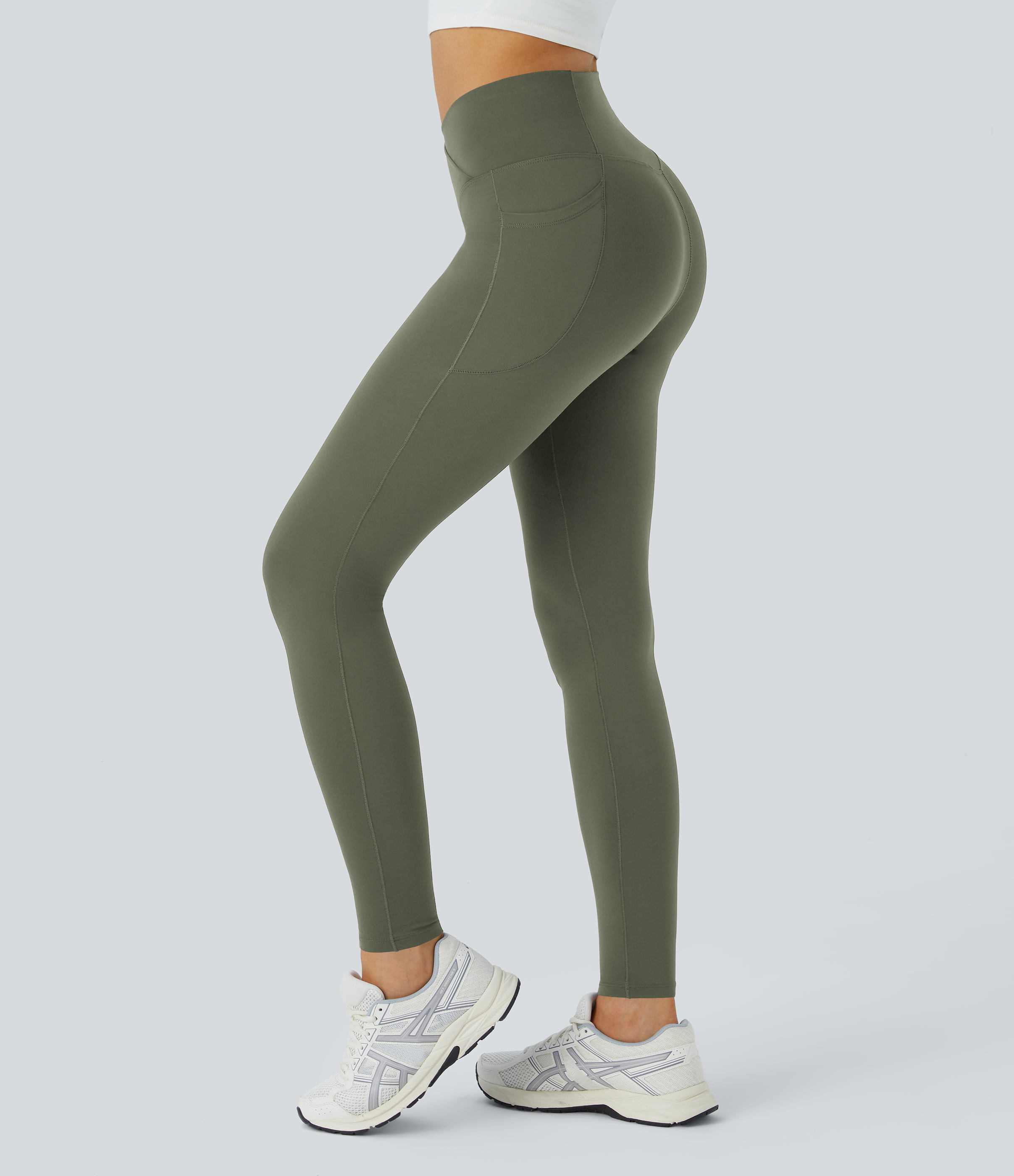 Halara PatitoffВ® Pet Hair Resistant Thermal Crossover Side Pocket Casual Leggings  - Grass Grey Green - L(7/8) gym leggings 