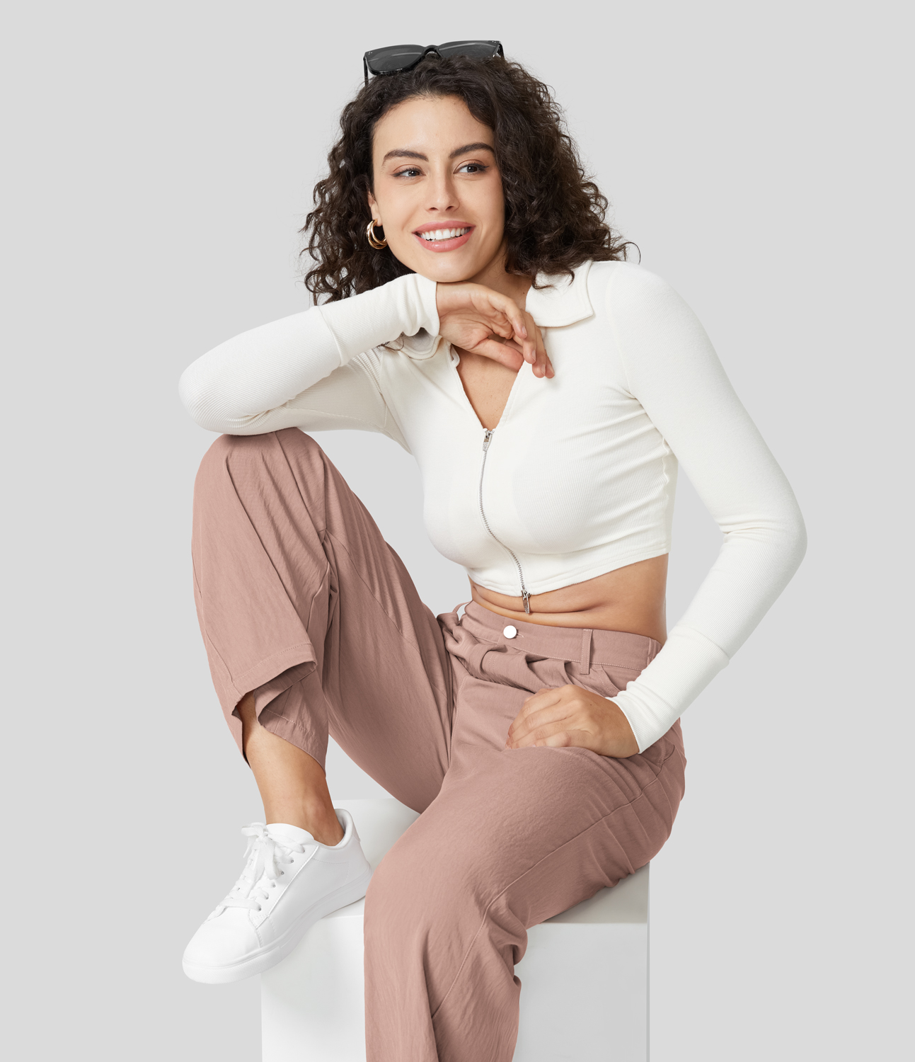 Halara Mid Rise Button Zipper Plicated Side Pocket Wide Leg Casual Cotton Pants  - Red Jade Pink - XS(regular) sweatpants jogger pants 