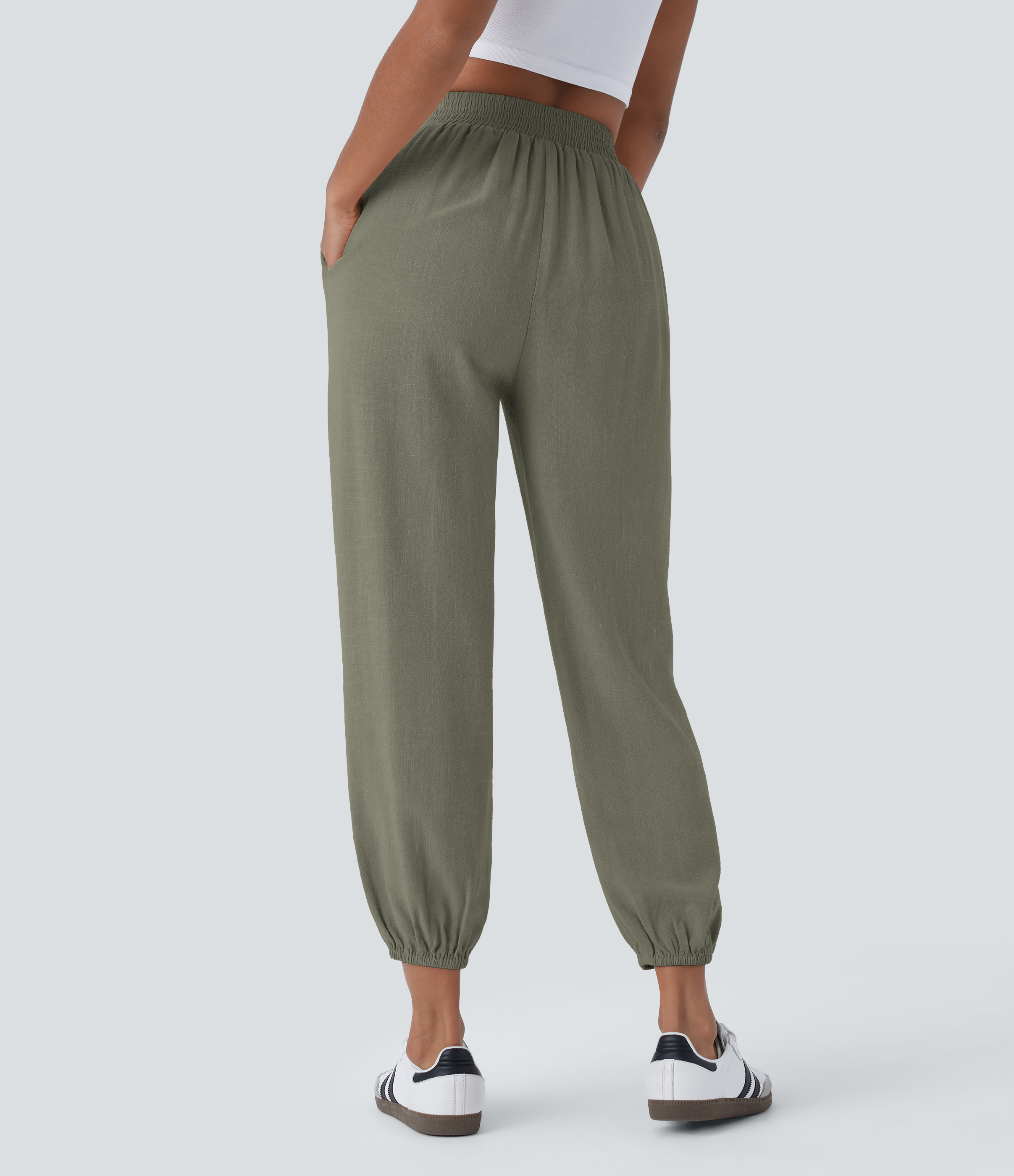 Halara High Waisted Side Pocket Linen-blend Casual Joggers  - Dusty Olive - XL(regular) 