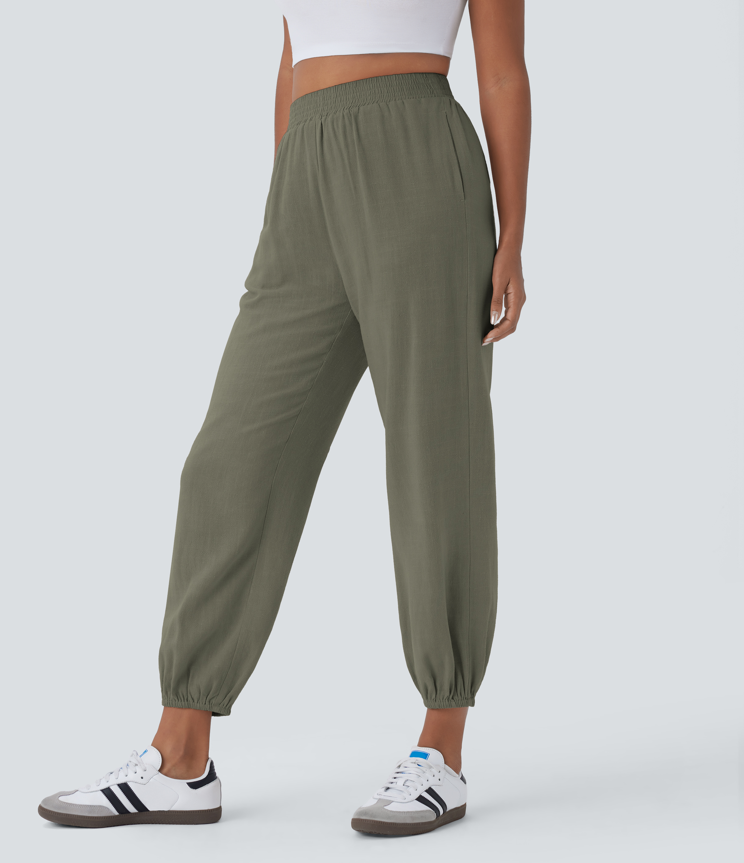 Halara High Waisted Side Pocket Linen-blend Casual Joggers  - Dusty Olive - XL(regular) 