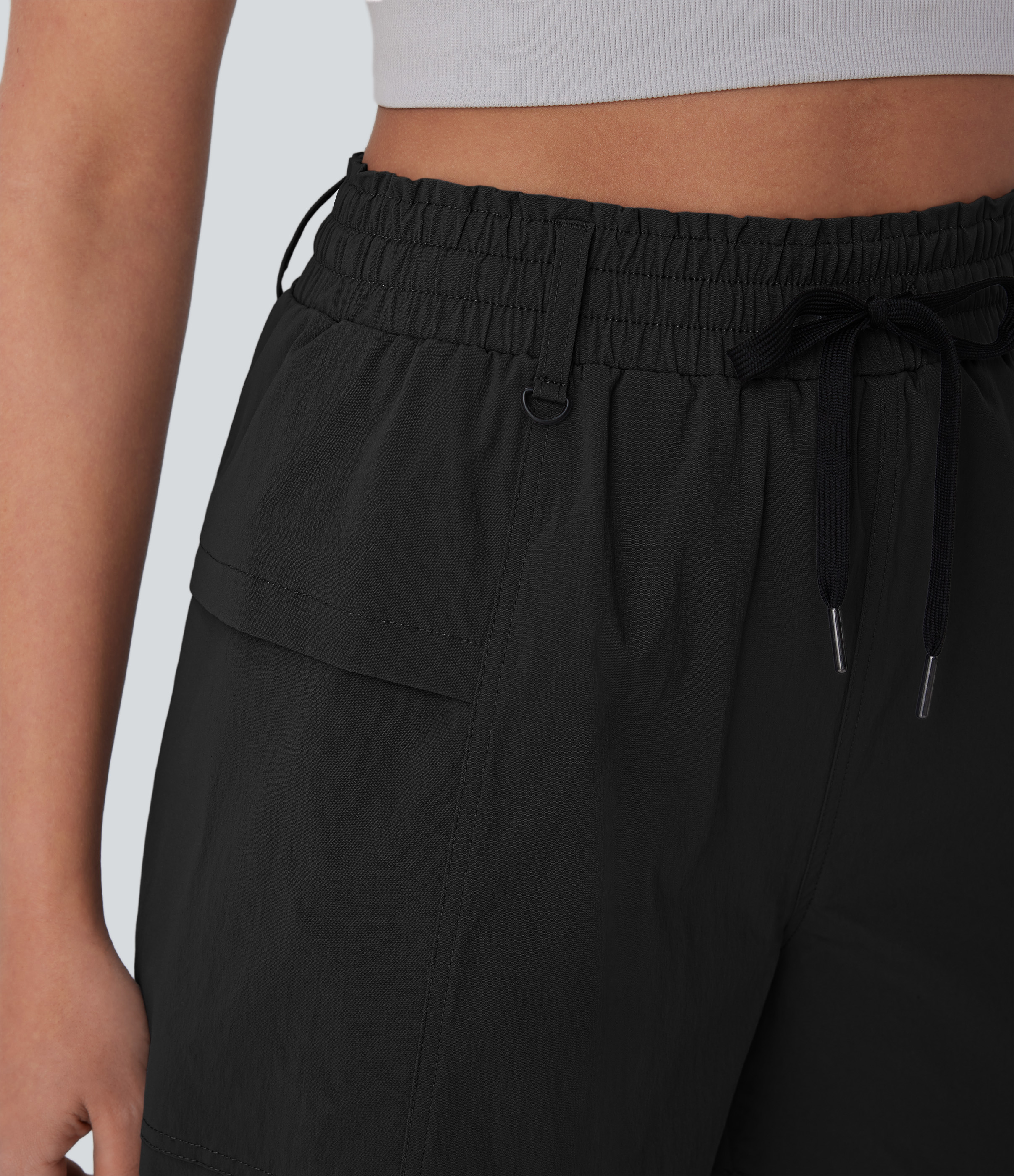 Halara Frill High Waisted Drawstring Side Pocket Hiking Shorts 5`` Gym Short - Black - XL booty shorts compression shorts yoga shorts 