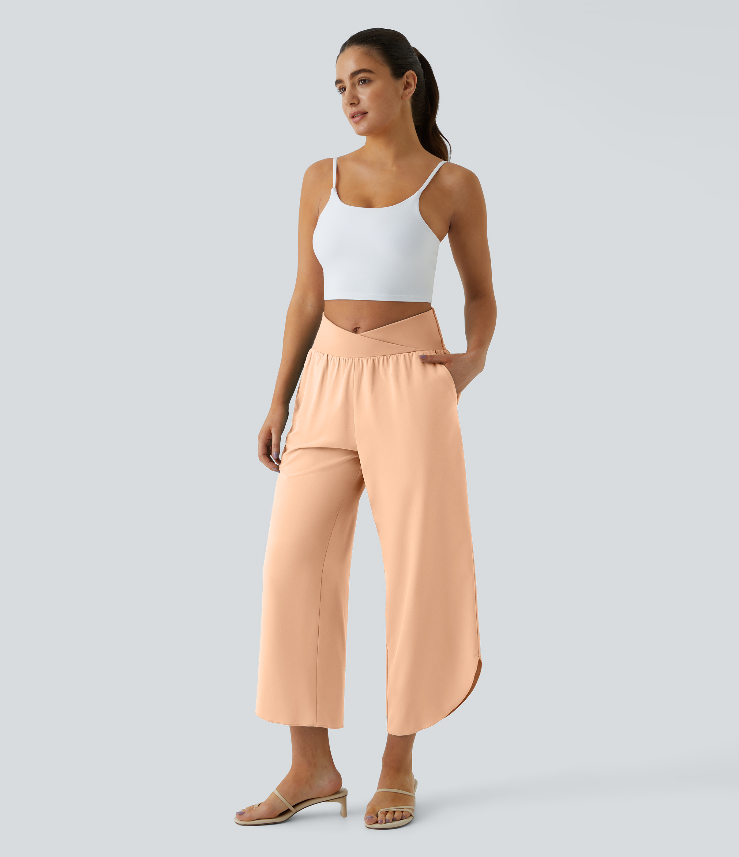 Halara Breezefulв„ў High Waisted Crossover Side Pocket Split Quick Dry Resort Pants  - Peach Orange - S(regular) sweatpants jogger pants 