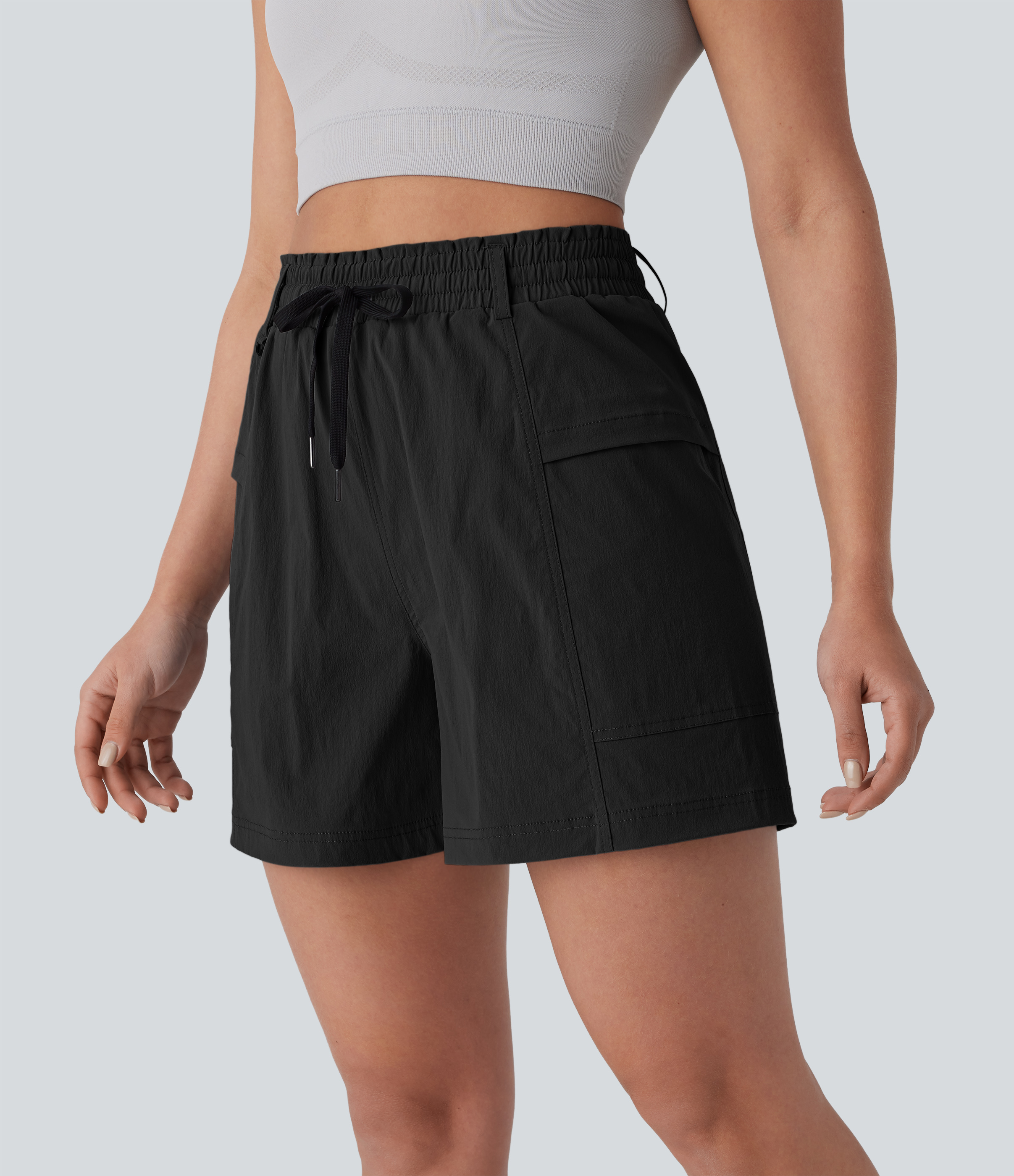 Halara Frill High Waisted Drawstring Side Pocket Hiking Shorts 5`` Gym Short - Black - XL booty shorts compression shorts yoga shorts 