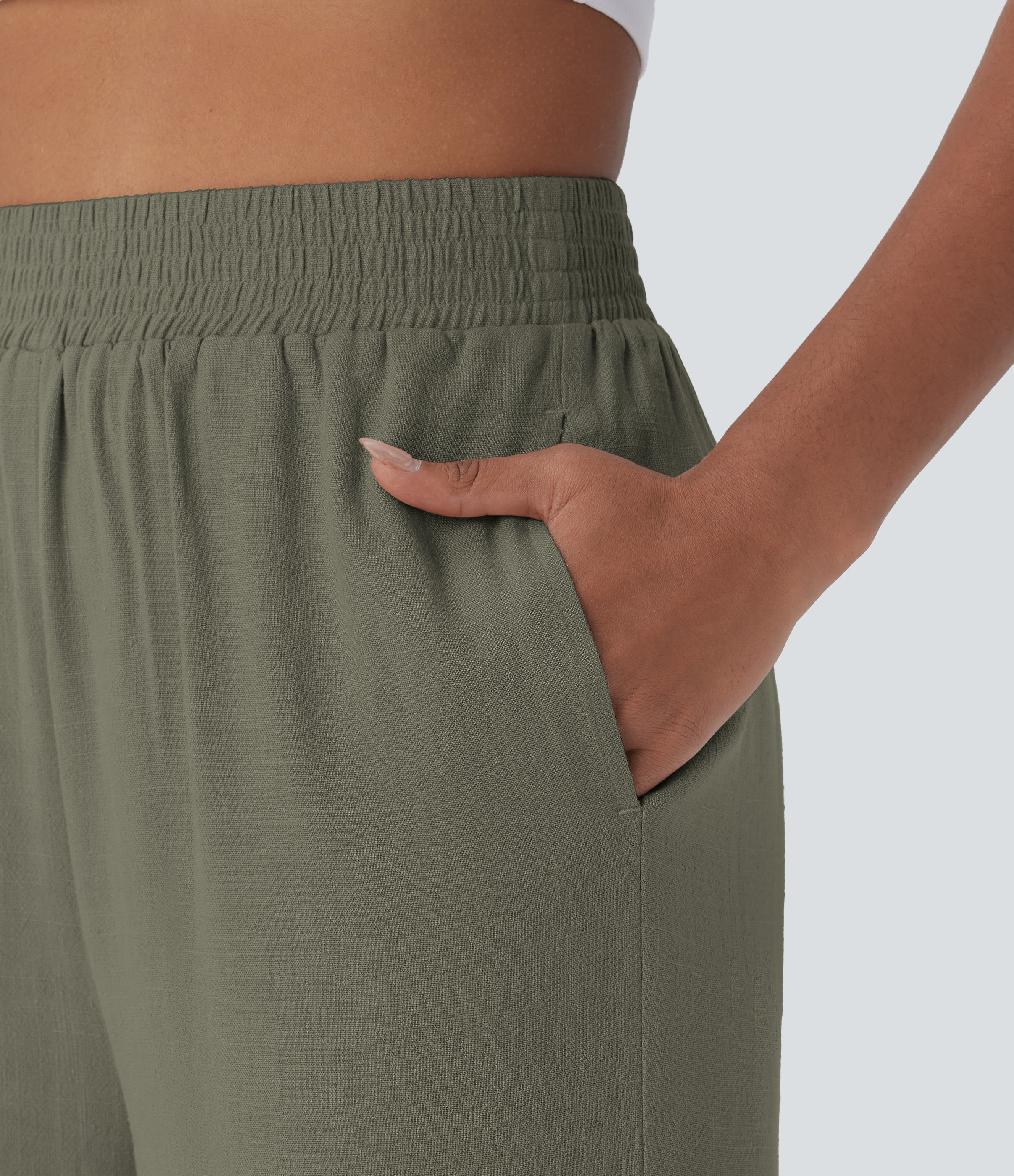 Halara High Waisted Side Pocket Linen-blend Casual Joggers  - Dusty Olive - XL(regular) 