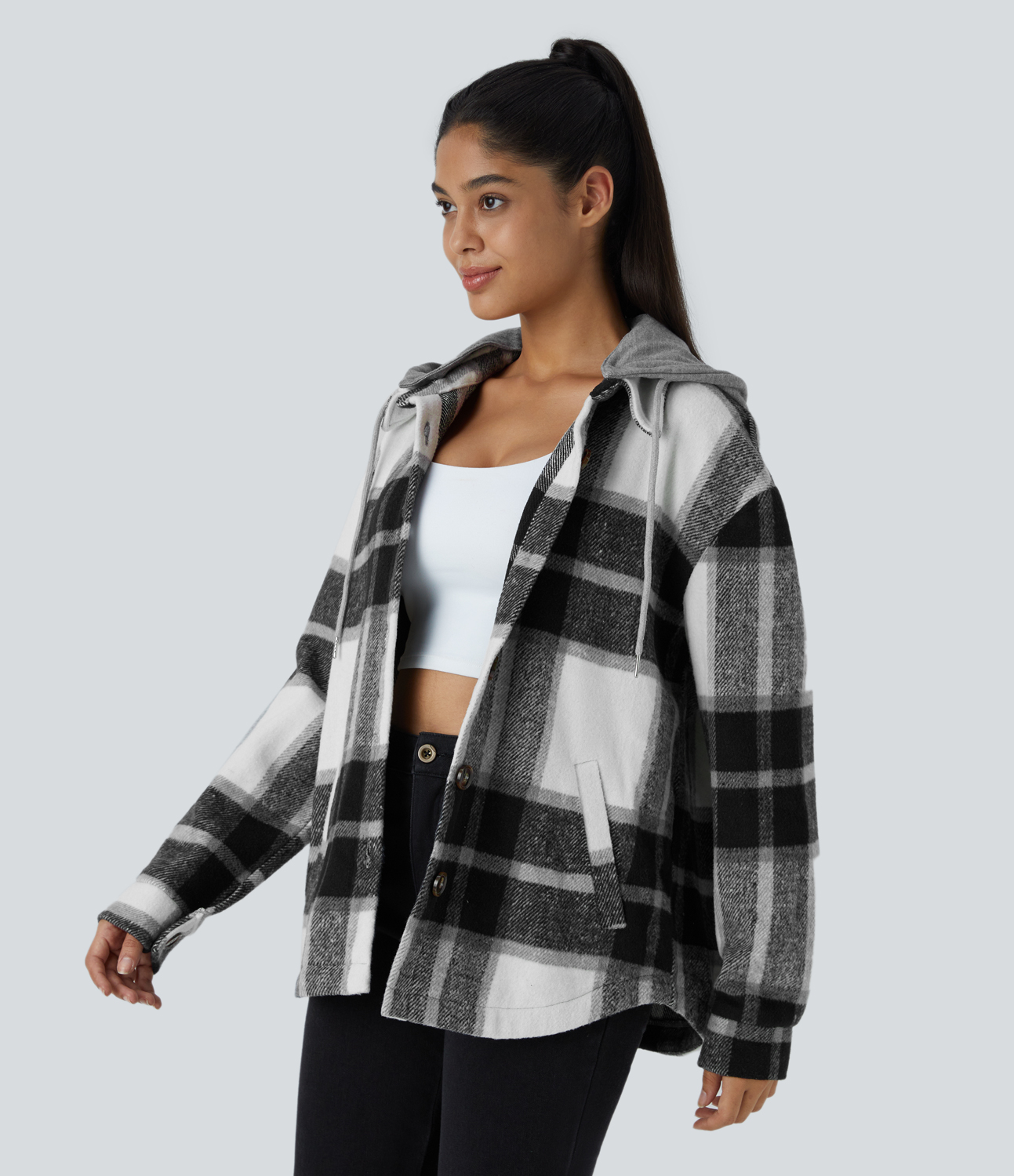 Halara Removable Hood Drawstring Button Long Sleeve Side Pocket Plaid Casual Jacket  - Black Grey Gingham - M 