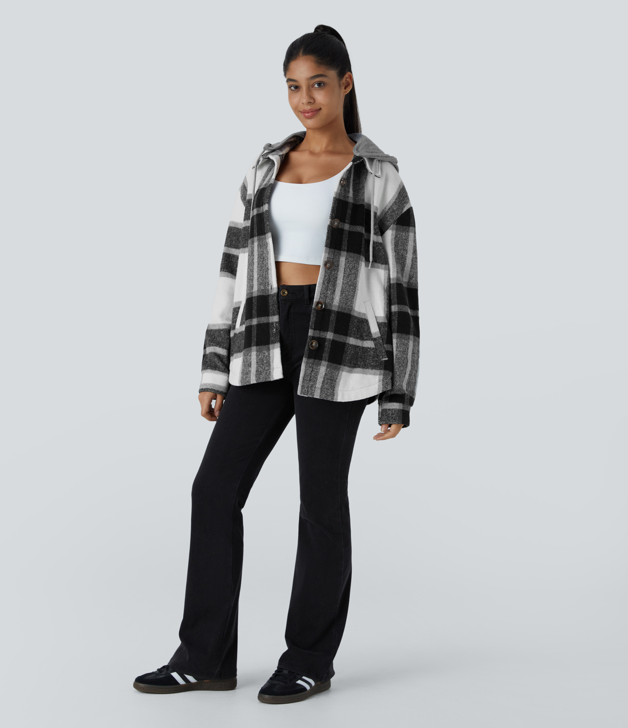 Halara Removable Hood Drawstring Button Long Sleeve Side Pocket Plaid Casual Jacket  - Black Grey Gingham - M 