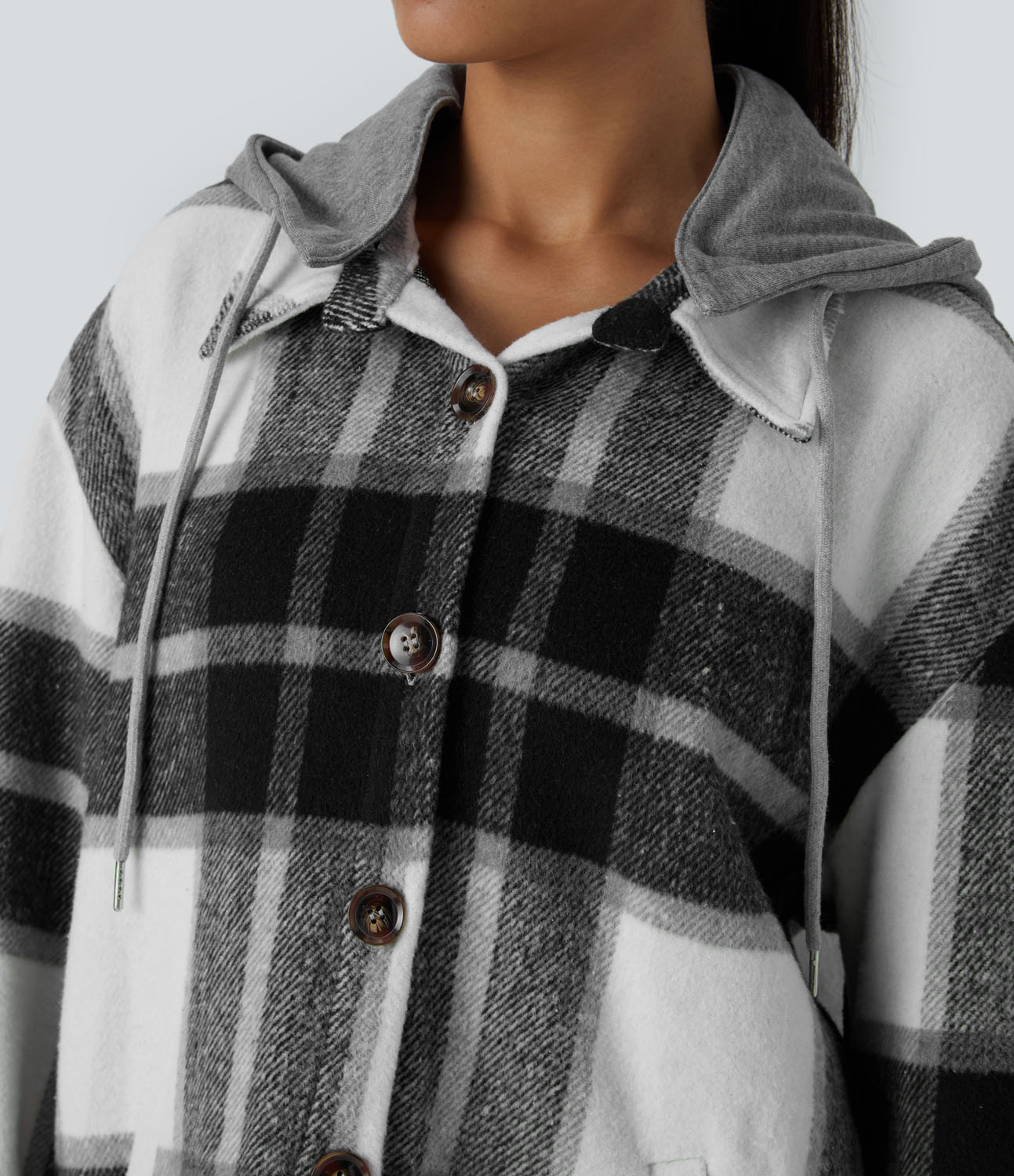 Halara Removable Hood Drawstring Button Long Sleeve Side Pocket Plaid Casual Jacket  - Black Grey Gingham - M 