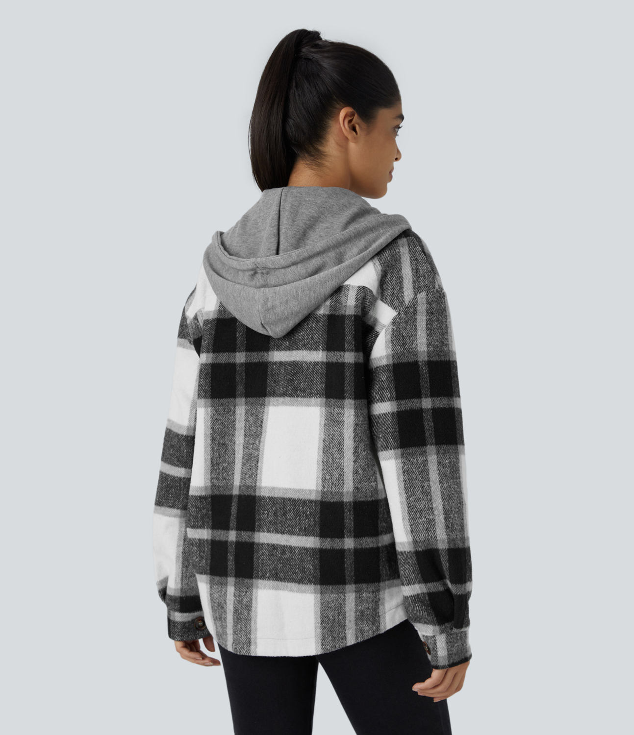 Halara Removable Hood Drawstring Button Long Sleeve Side Pocket Plaid Casual Jacket  - Black Grey Gingham - M 