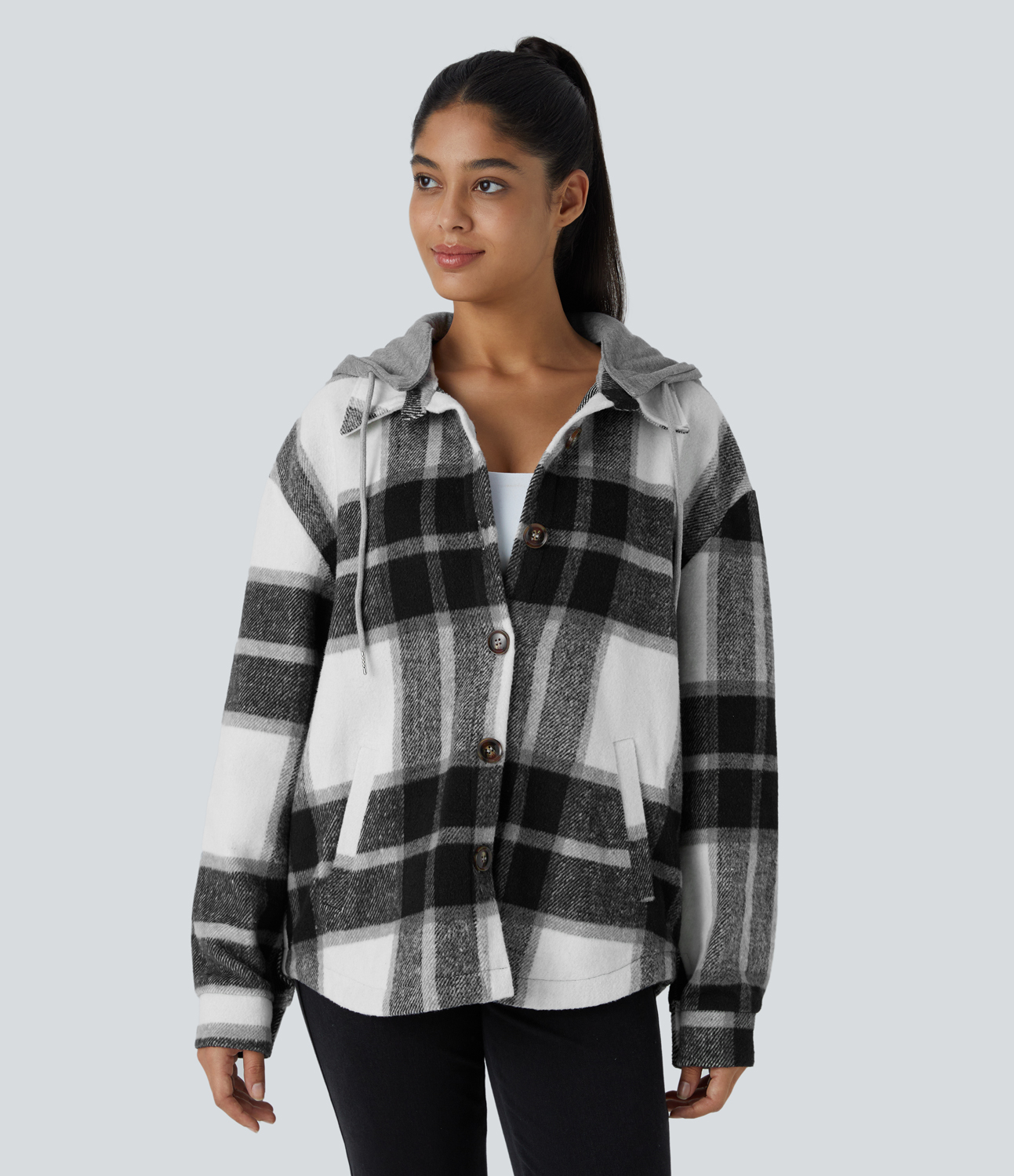 Halara Removable Hood Drawstring Button Long Sleeve Side Pocket Plaid Casual Jacket  - Black Grey Gingham - M 