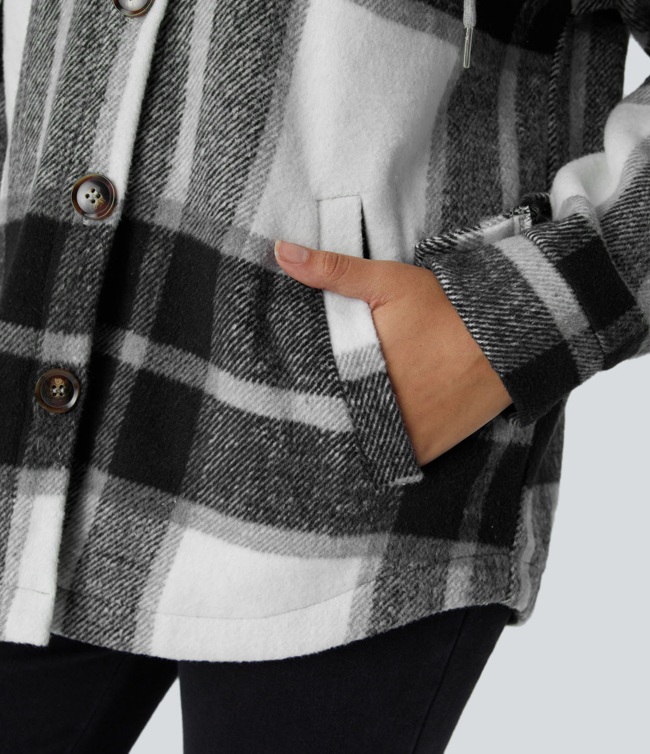 Halara Removable Hood Drawstring Button Long Sleeve Side Pocket Plaid Casual Jacket  - Black Grey Gingham - M 