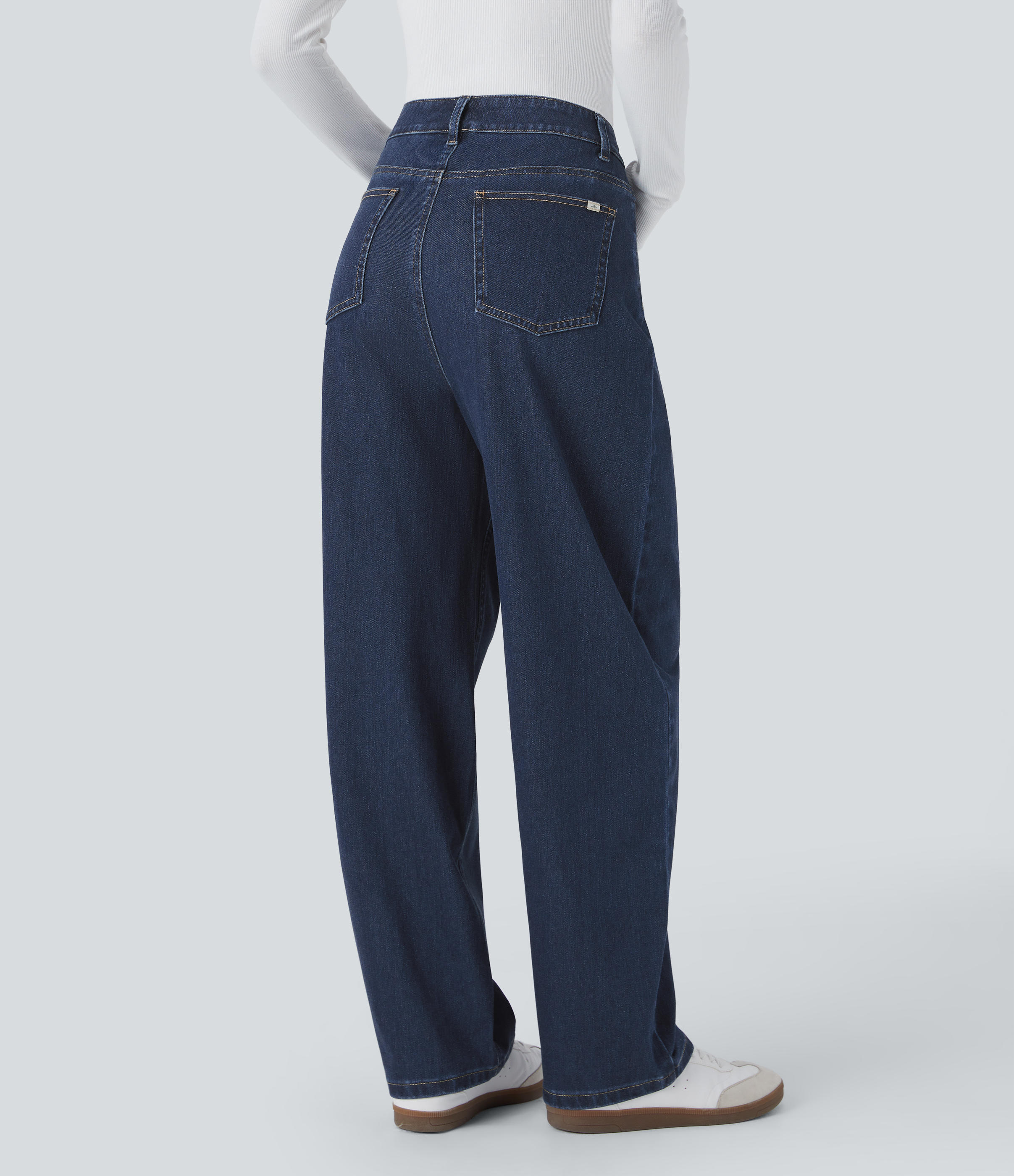 Glass Blue Denim Halara Flex™ High Waisted Multiple Pockets Washed Stretchy Knit Casual Baggy Jeans / 2