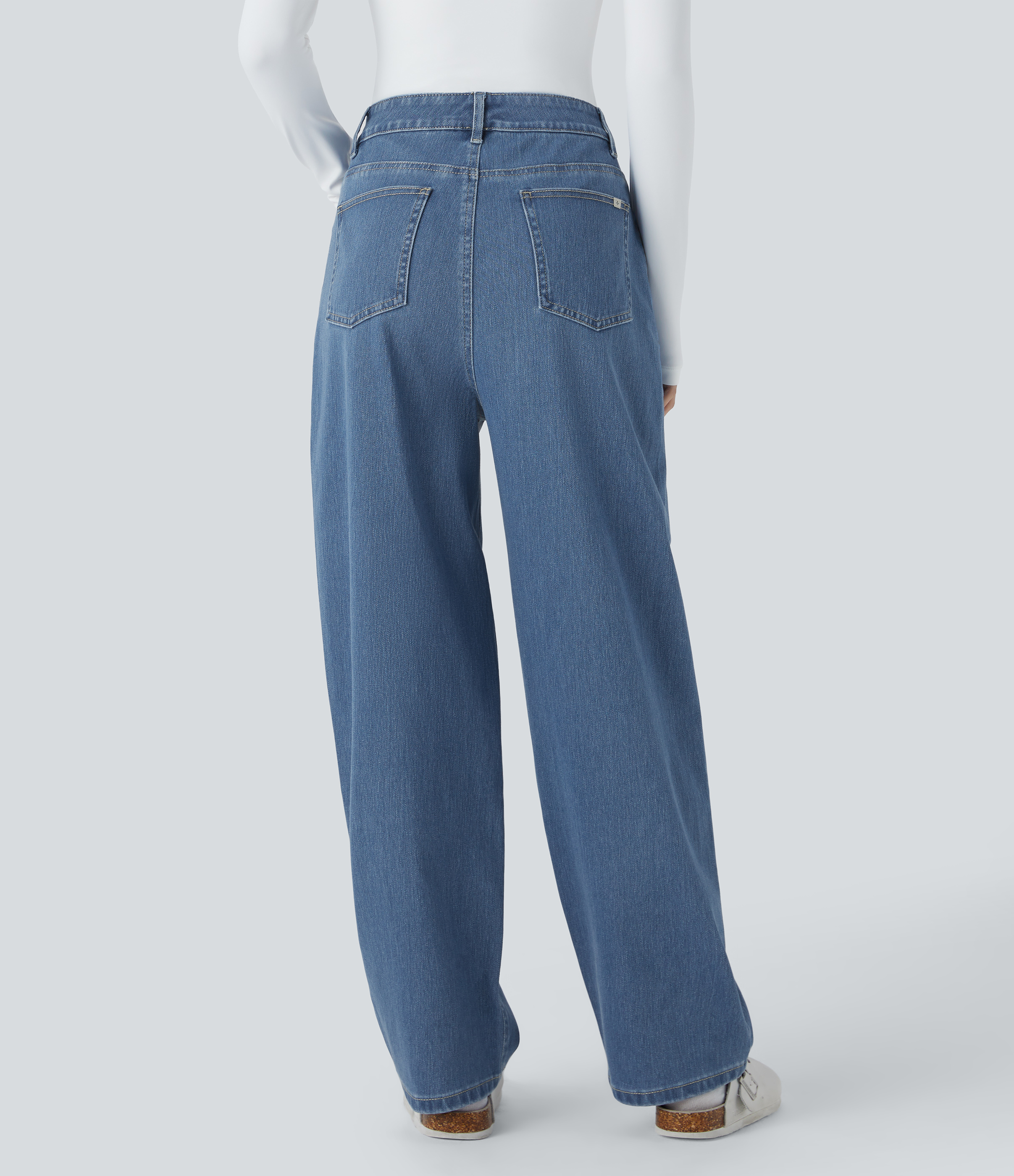 Aquamarine Denim Jeans Halara Flex™ Denim holgado elástico lavado múltiple bolsillo tiro alto / 2