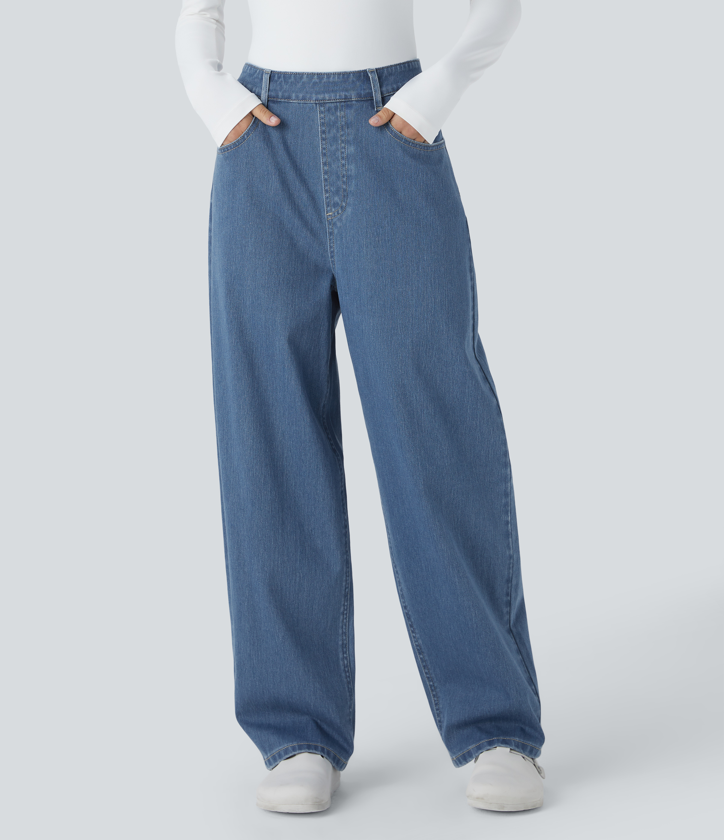 Halara Flex™ Lässige Baggy-Jeans mit hohem Bund, Taschen, Verwaschene Stretch-Strick 