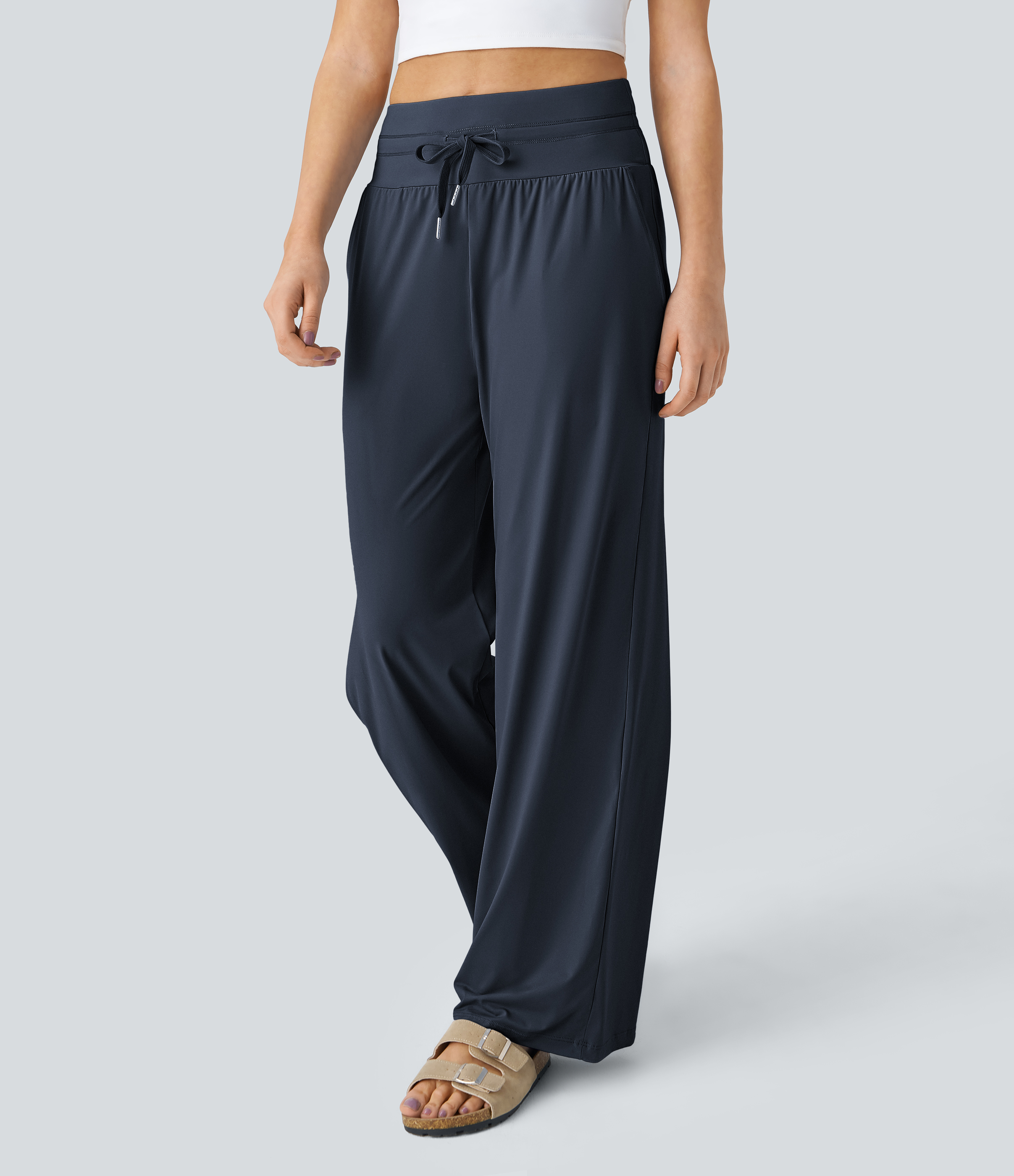 Women's High Waisted Drawstring Pocket Wide Leg Cool Touch