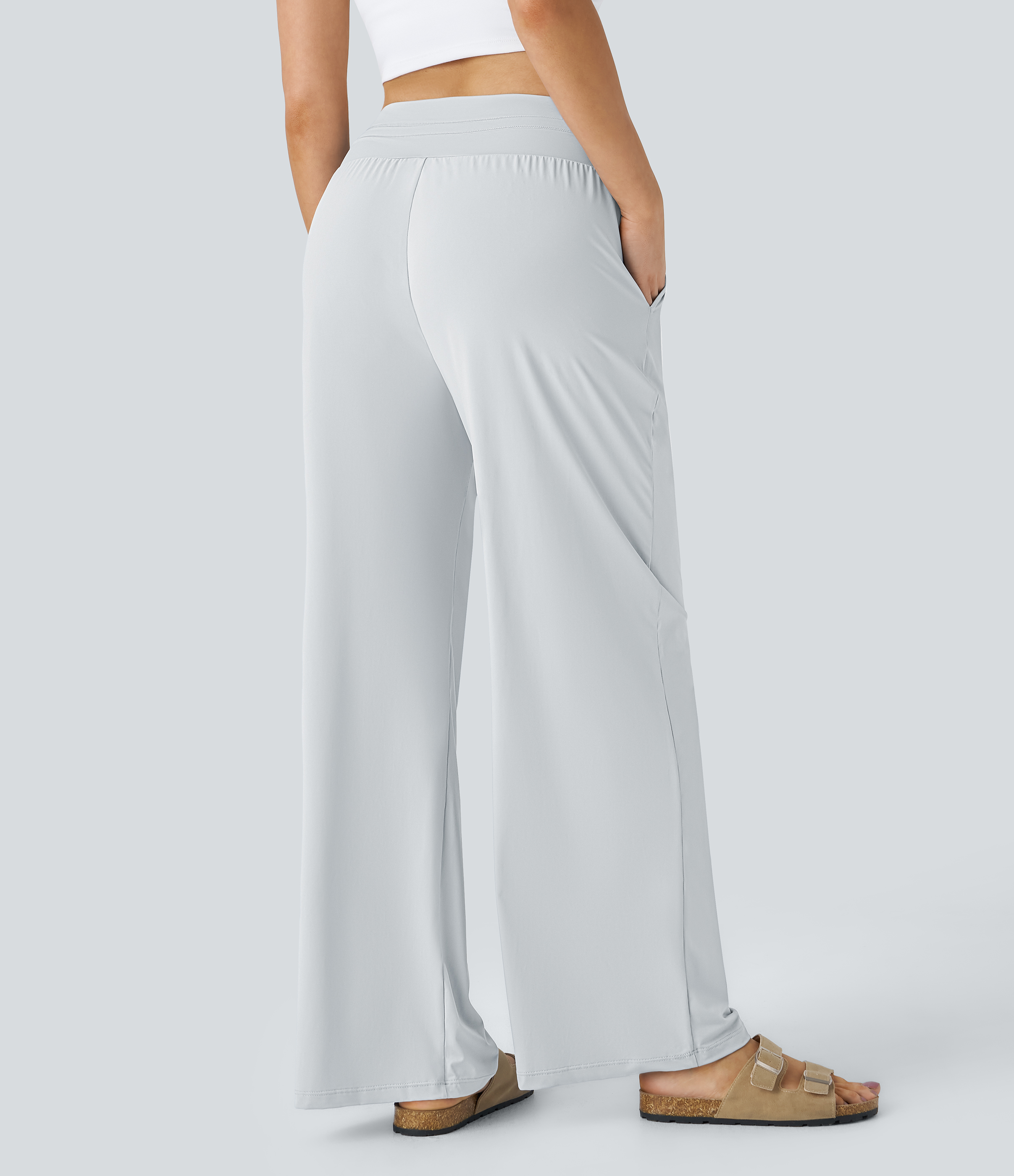 Halara High Waisted Drawstring Side Pocket Wide Leg Cool Touch Casual Pants  - Blue Blush - XL(regular) sweatpants jogger pants 