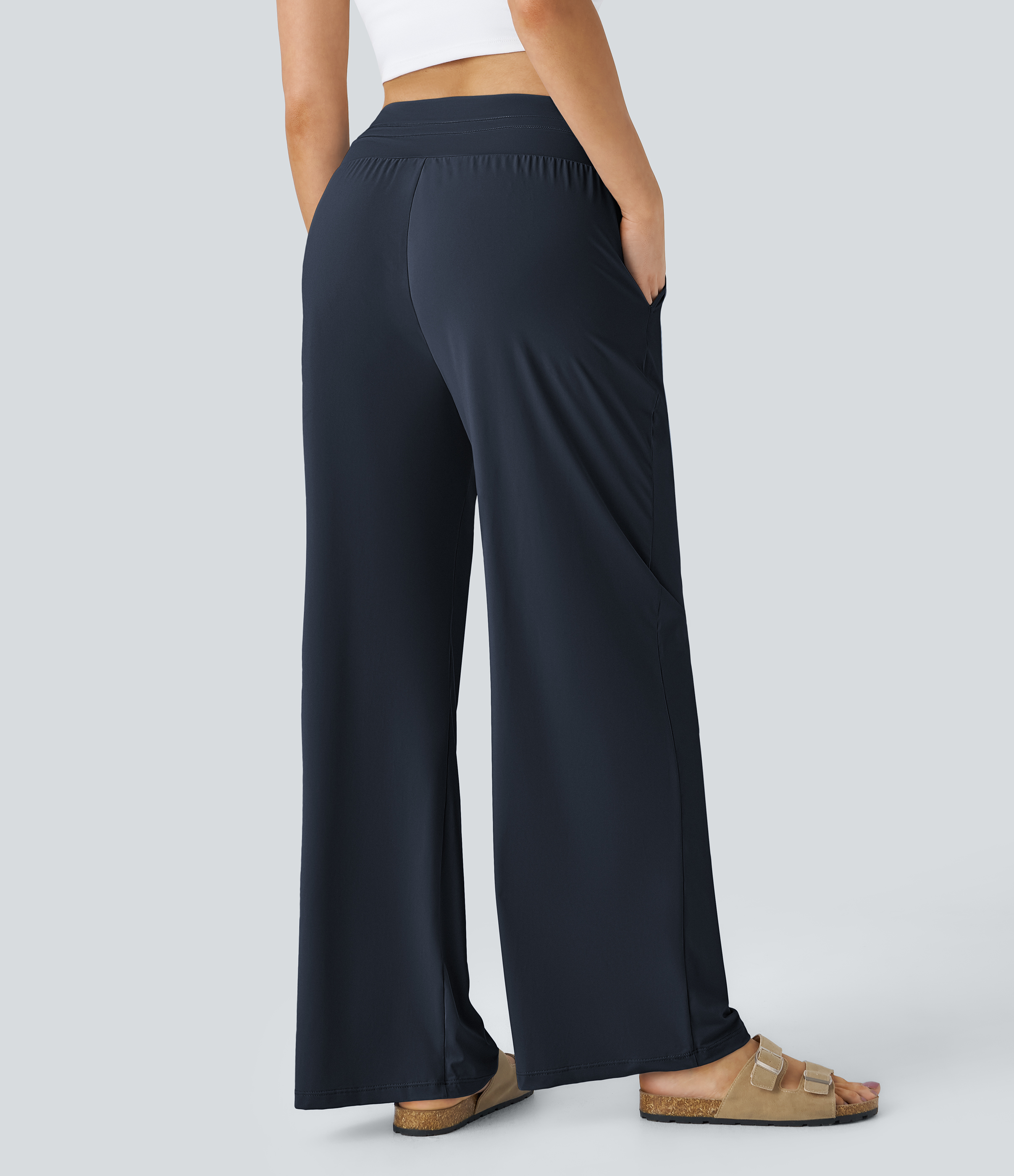 Halara High Waisted Drawstring Side Pocket Wide Leg Cool Touch Casual Pants  - Blueberry - XS(regular) sweatpants jogger pants 