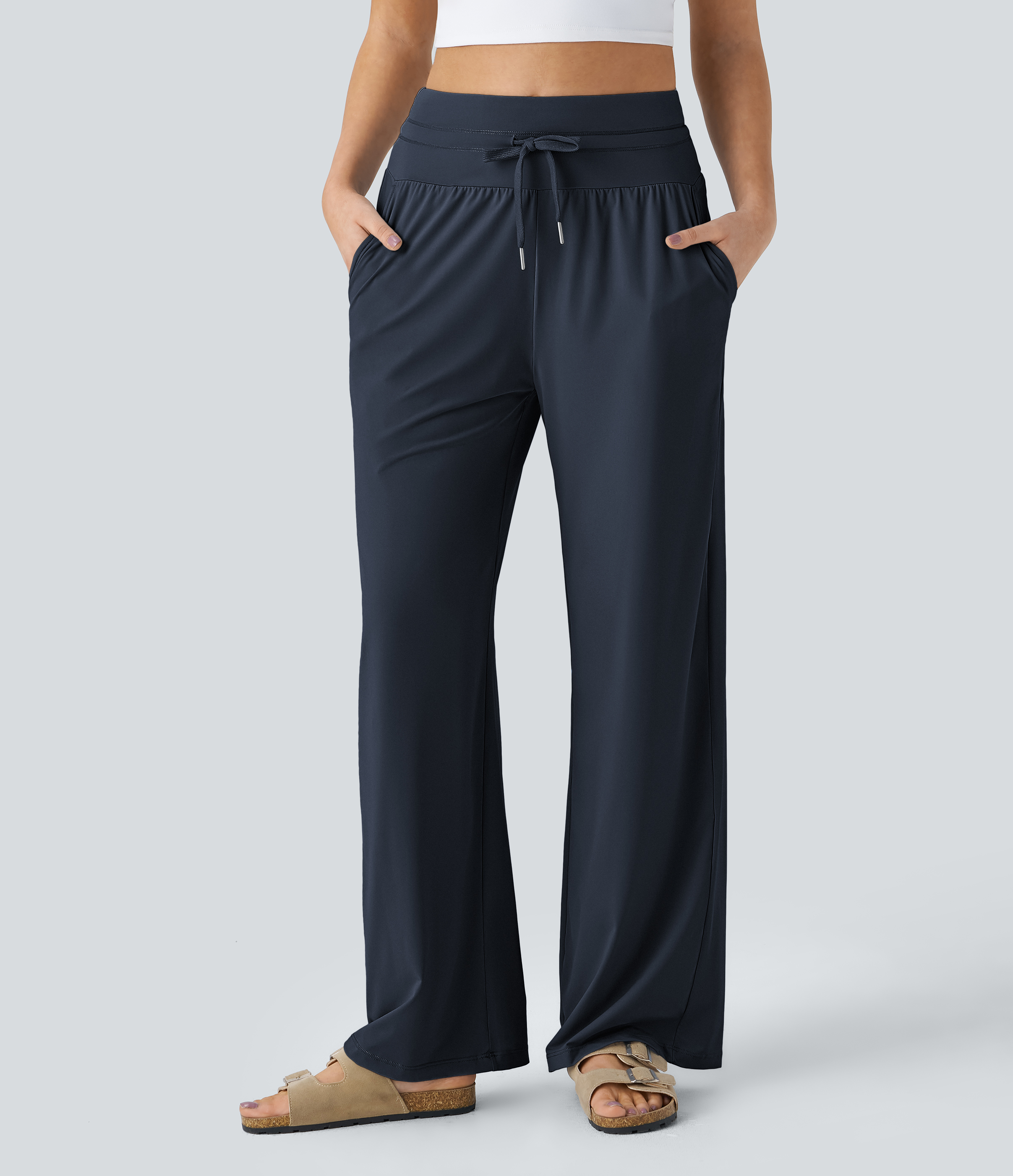 Halara High Waisted Drawstring Side Pocket Wide Leg Cool Touch Casual Pants  - Blueberry - XS(regular) sweatpants jogger pants 