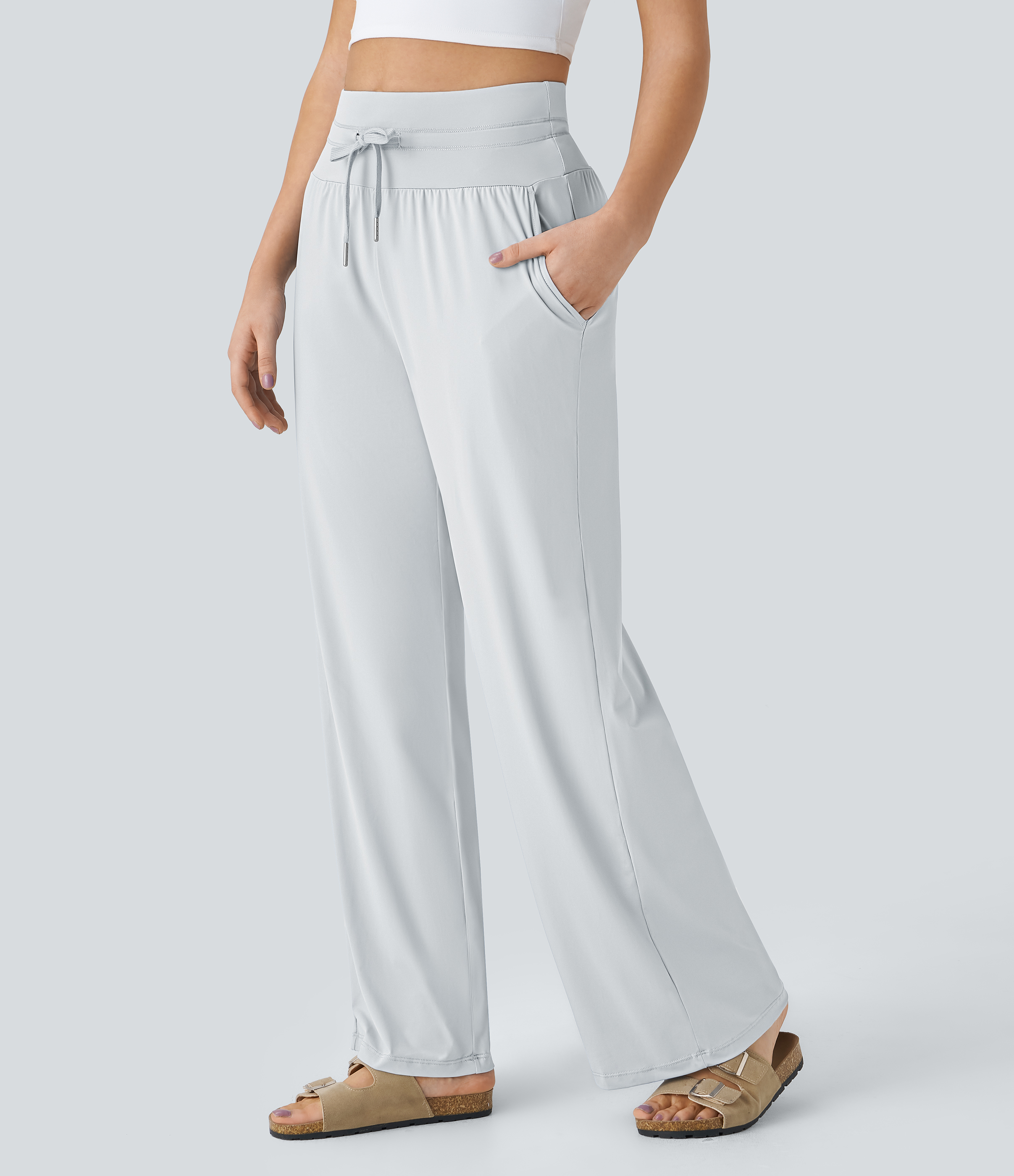 Halara High Waisted Drawstring Side Pocket Wide Leg Cool Touch Casual Pants  - Blue Blush - XL(regular) sweatpants jogger pants 