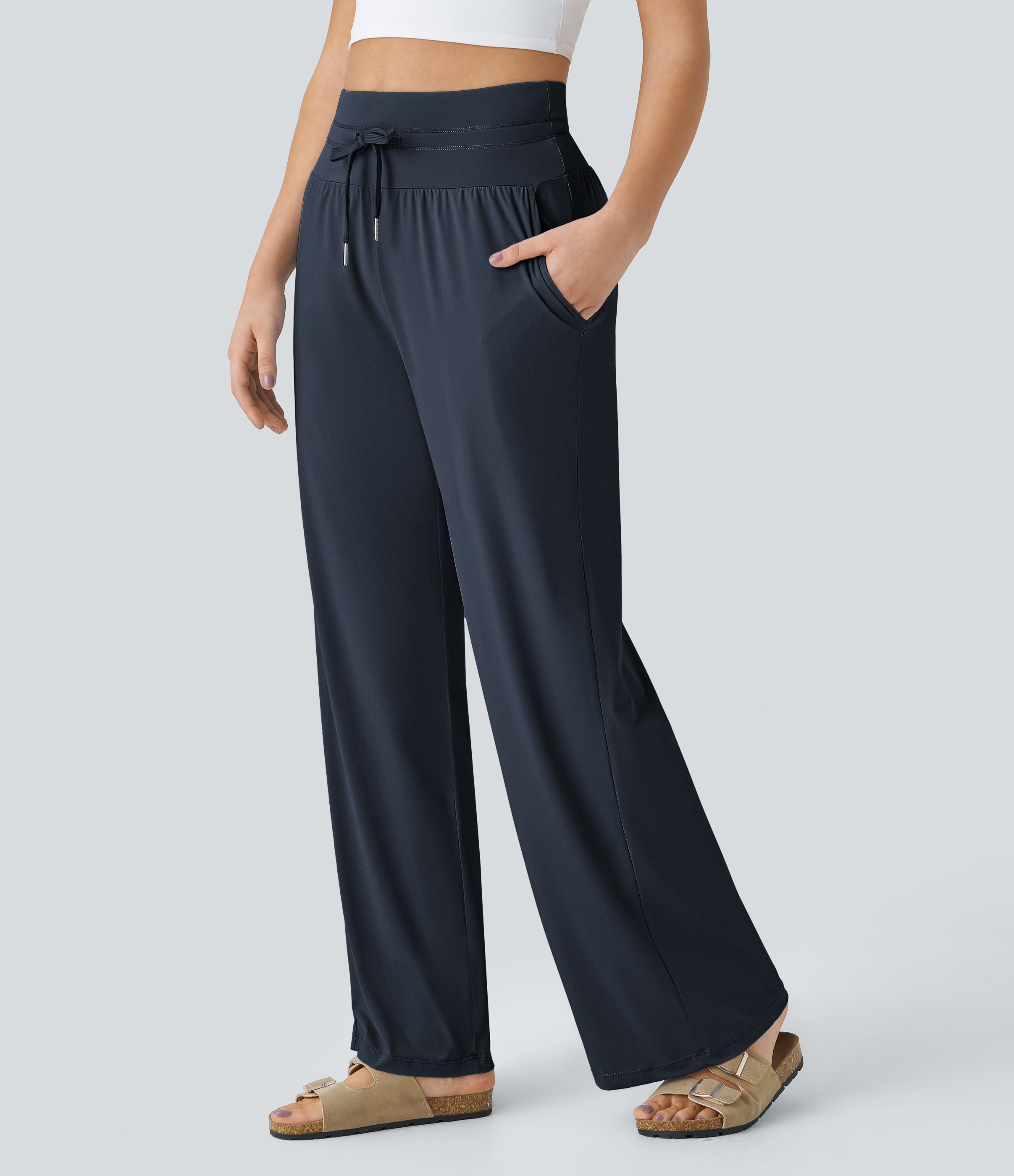 Halara High Waisted Drawstring Side Pocket Wide Leg Cool Touch Casual Pants  - Blueberry - XS(regular) sweatpants jogger pants 