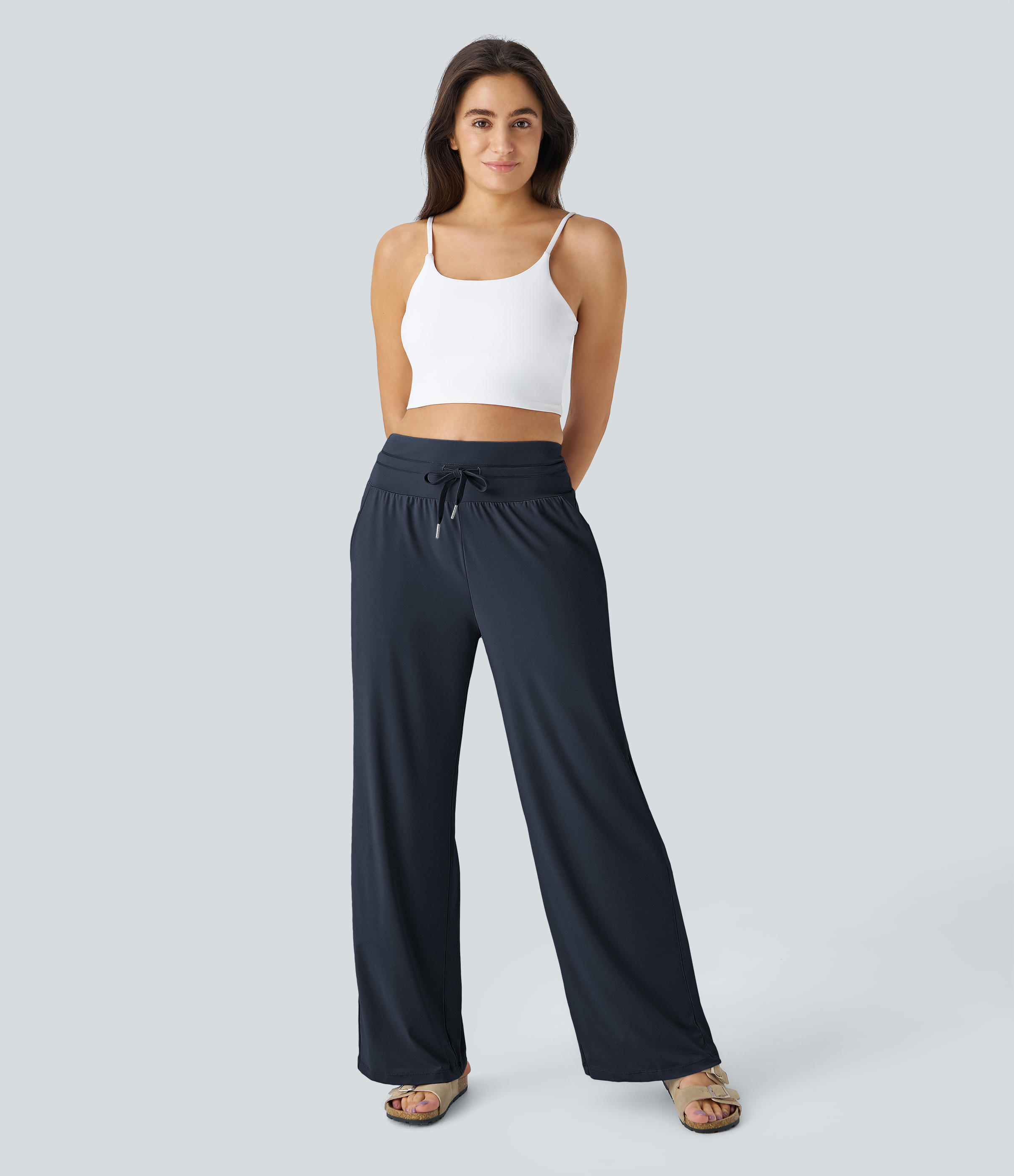 Halara High Waisted Drawstring Side Pocket Wide Leg Cool Touch Casual Pants  - Blueberry - XS(regular) sweatpants jogger pants 