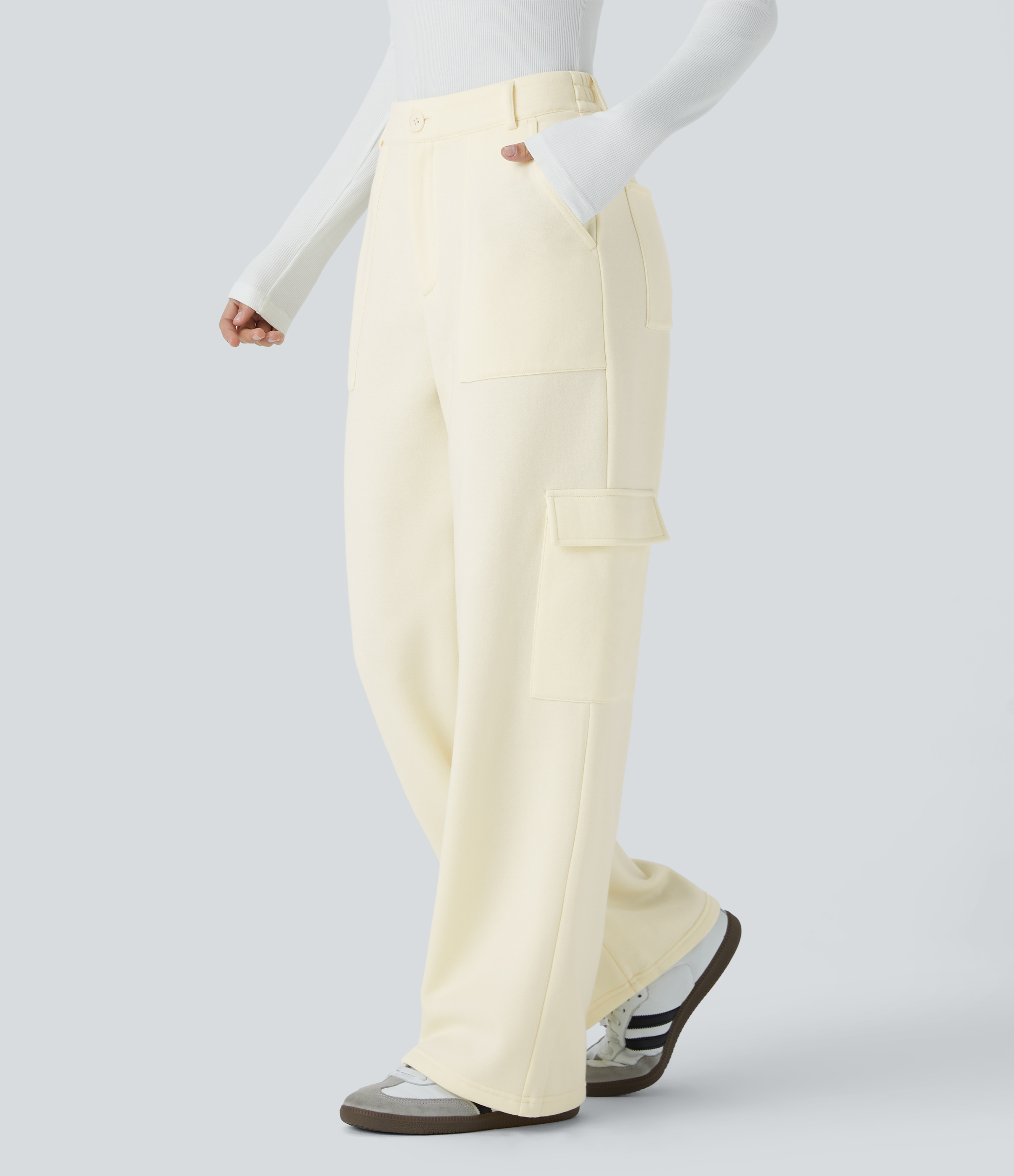 Halara Mid Rise Button Zipper Multiple Pockets Fleece Casual Cargo Pants  - Vanilla Ice - M(regular) sweatpants jogger pants 